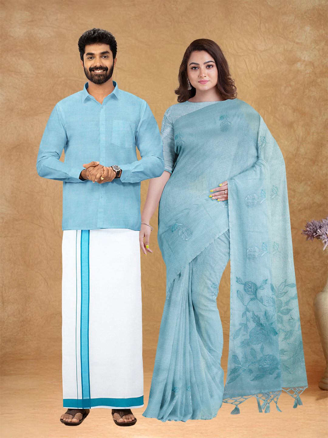 Couple Combo Shirt & Dhoti Set with Saree Blue ST217