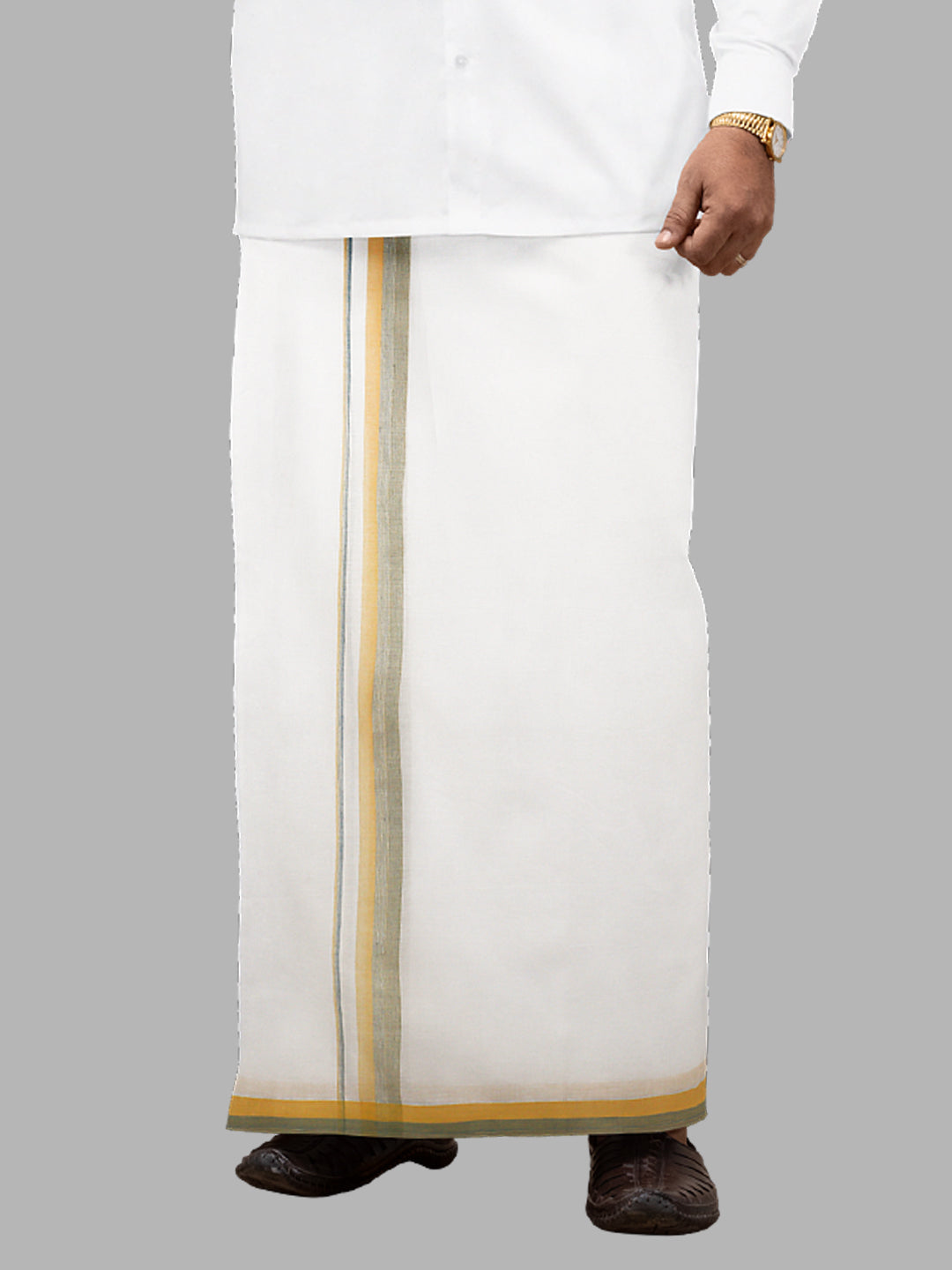 Men Yellow Fancy Border Double Layer White Dhoti RVS01