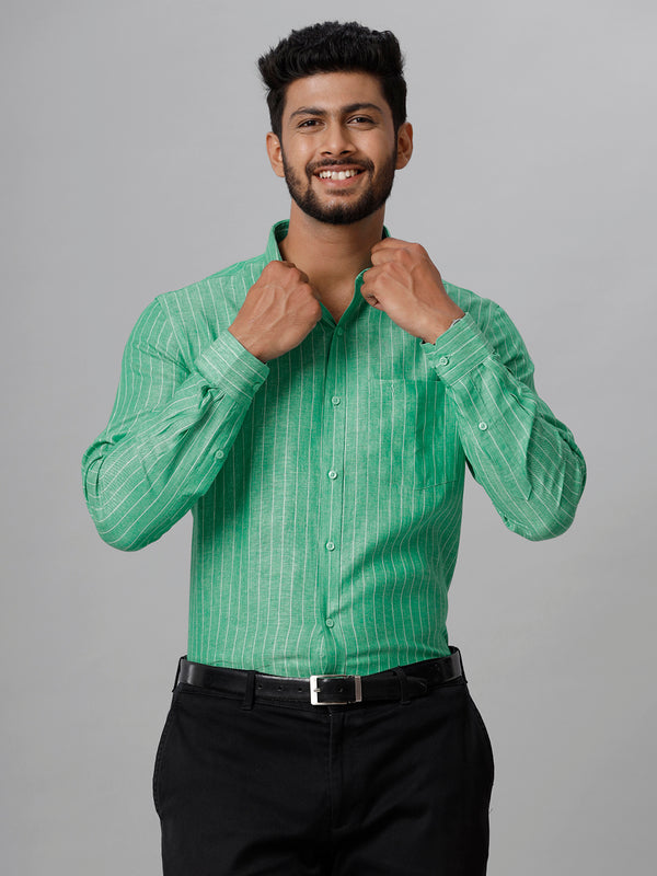 Mens Pure Linen Striped Full Sleeves Green Shirt LS12