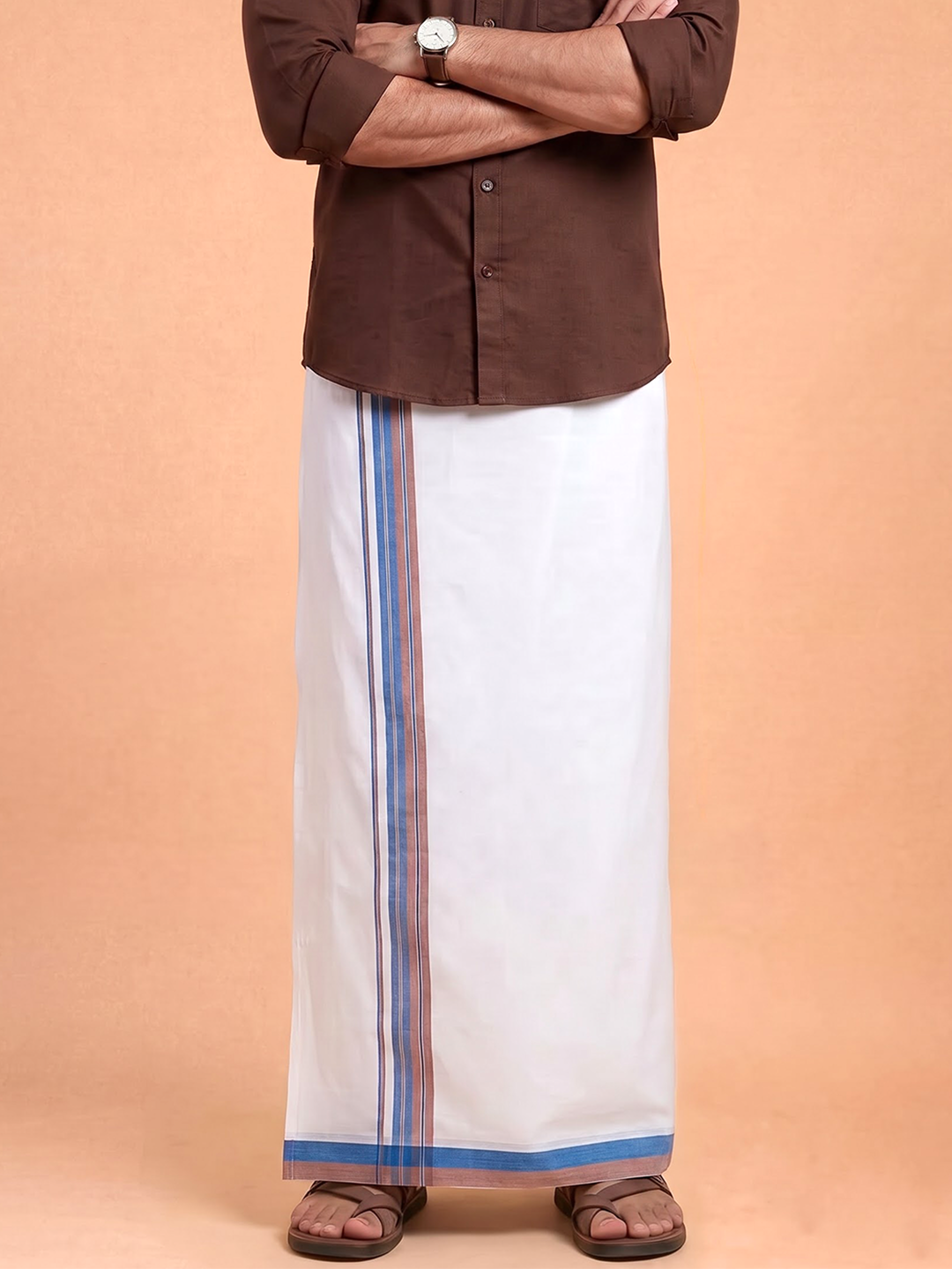 Double Layer 100% Cotton White Dhoti With Colour Jari Border - EJF30