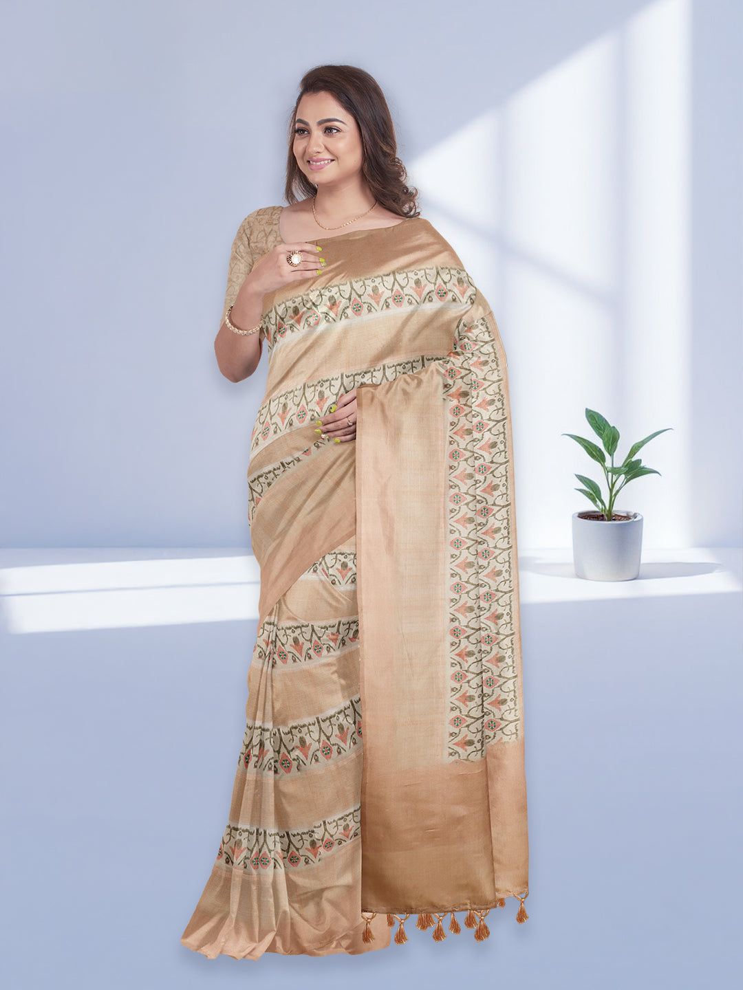 Women Peach Semi Tussar Printed Saree ST294