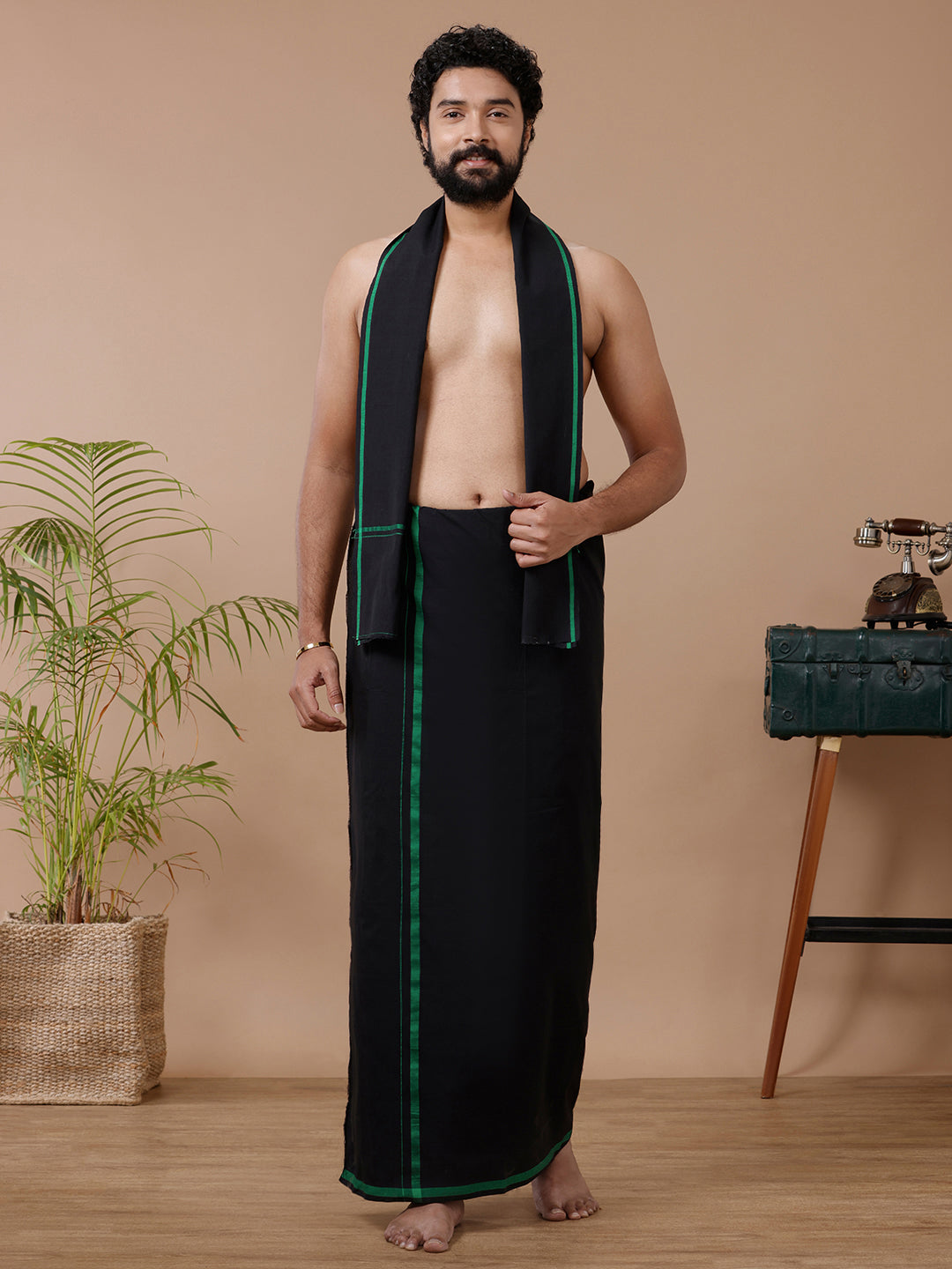 Men Cotton Blend Single Layer Black Dhoti & Towel Set with Green Big Border Sukran
