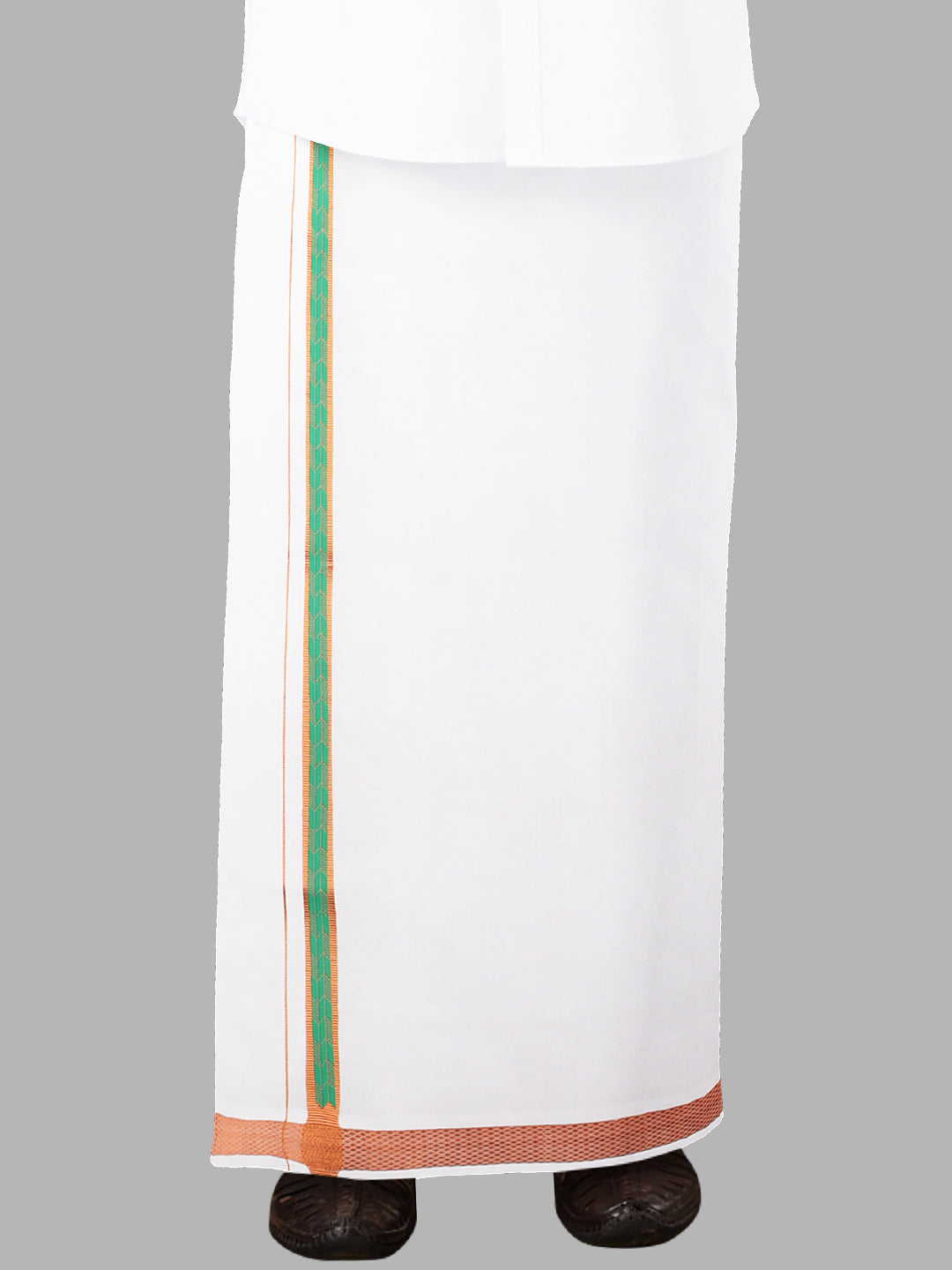 Men White with Green Fancy Jari Border Single Layer Dhoti Roxy R02