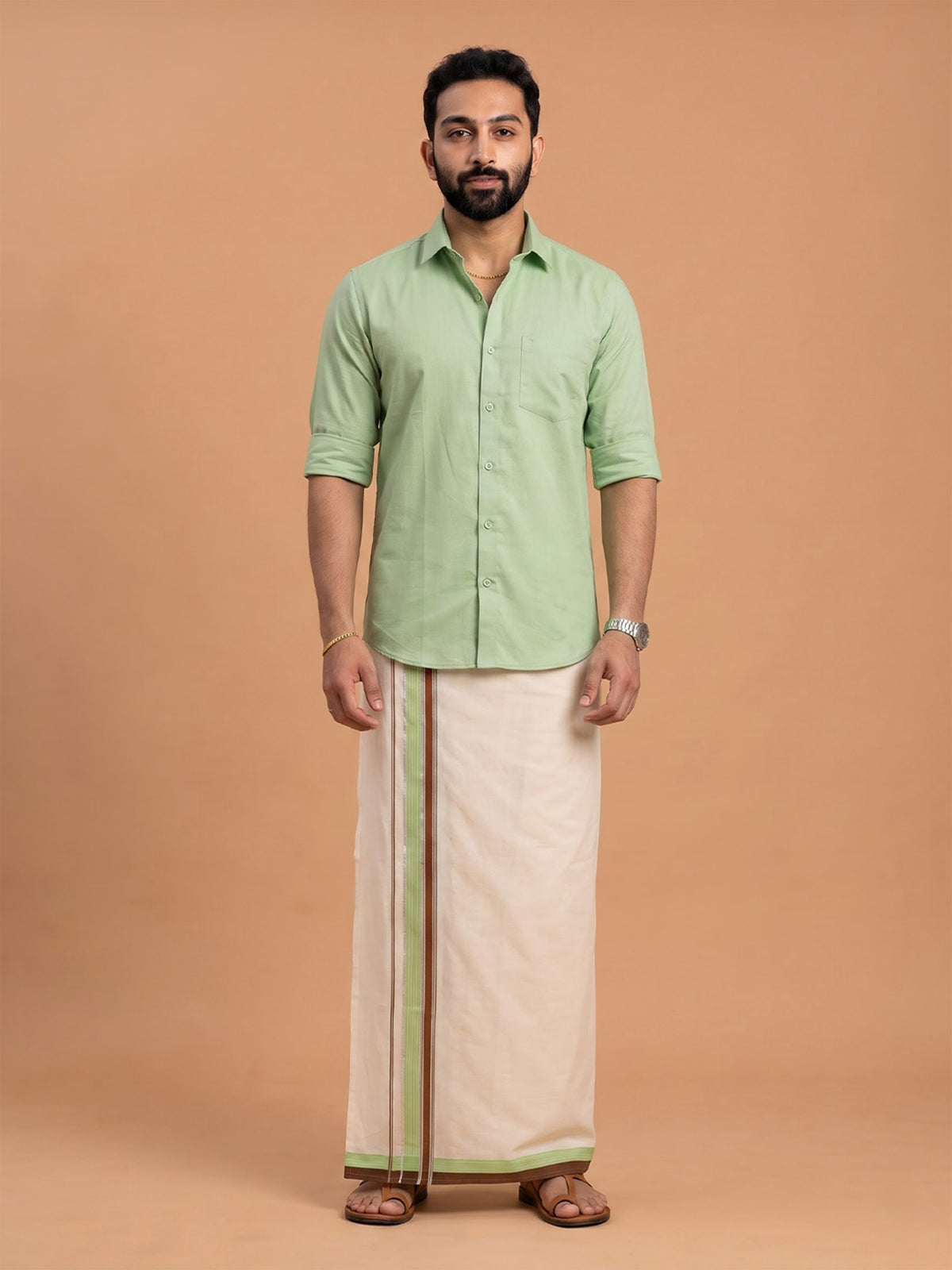 Double Layer Giza Cotton Cream Kora Dhoti with Colour Border - PKJ01