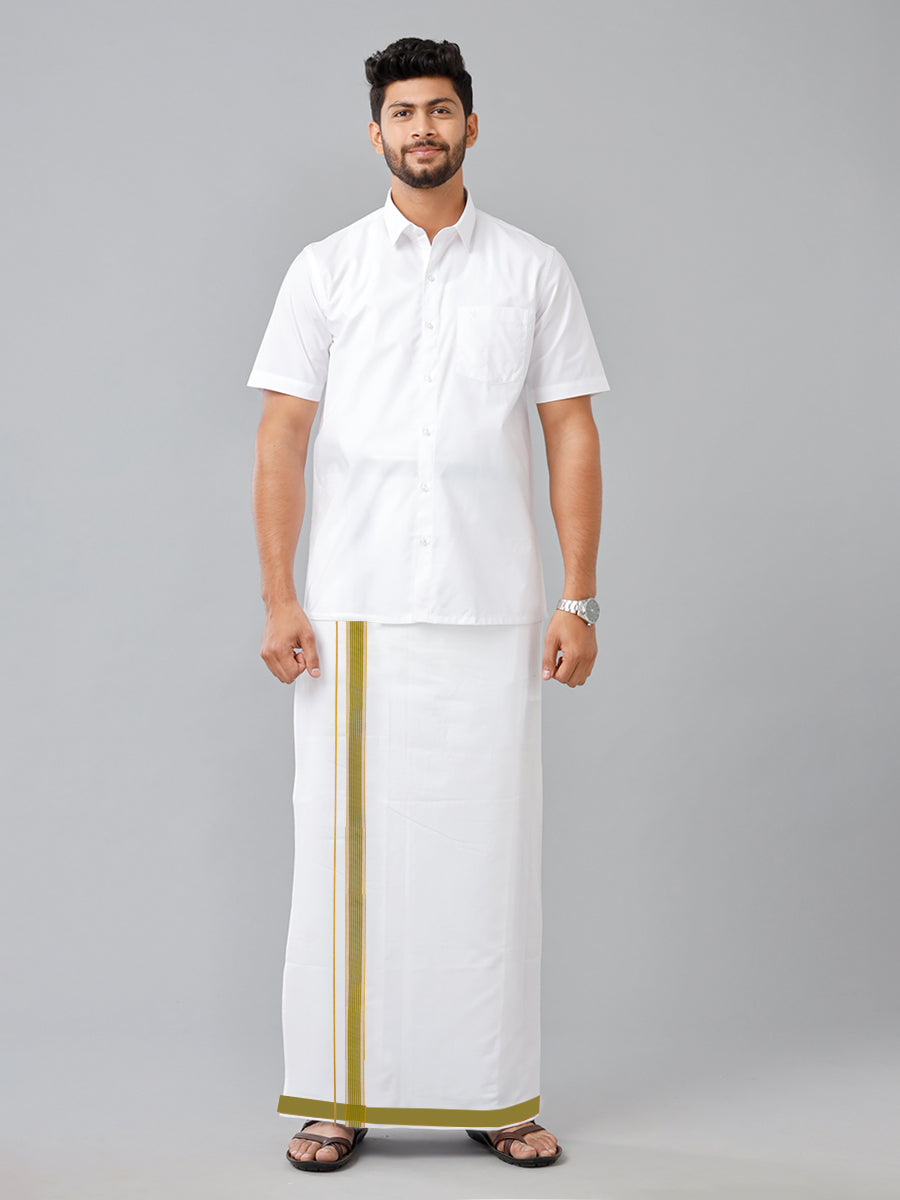 Mens Readymade Adjustable White Dhoti with Green Fancy Border Champ Jari - L-full view