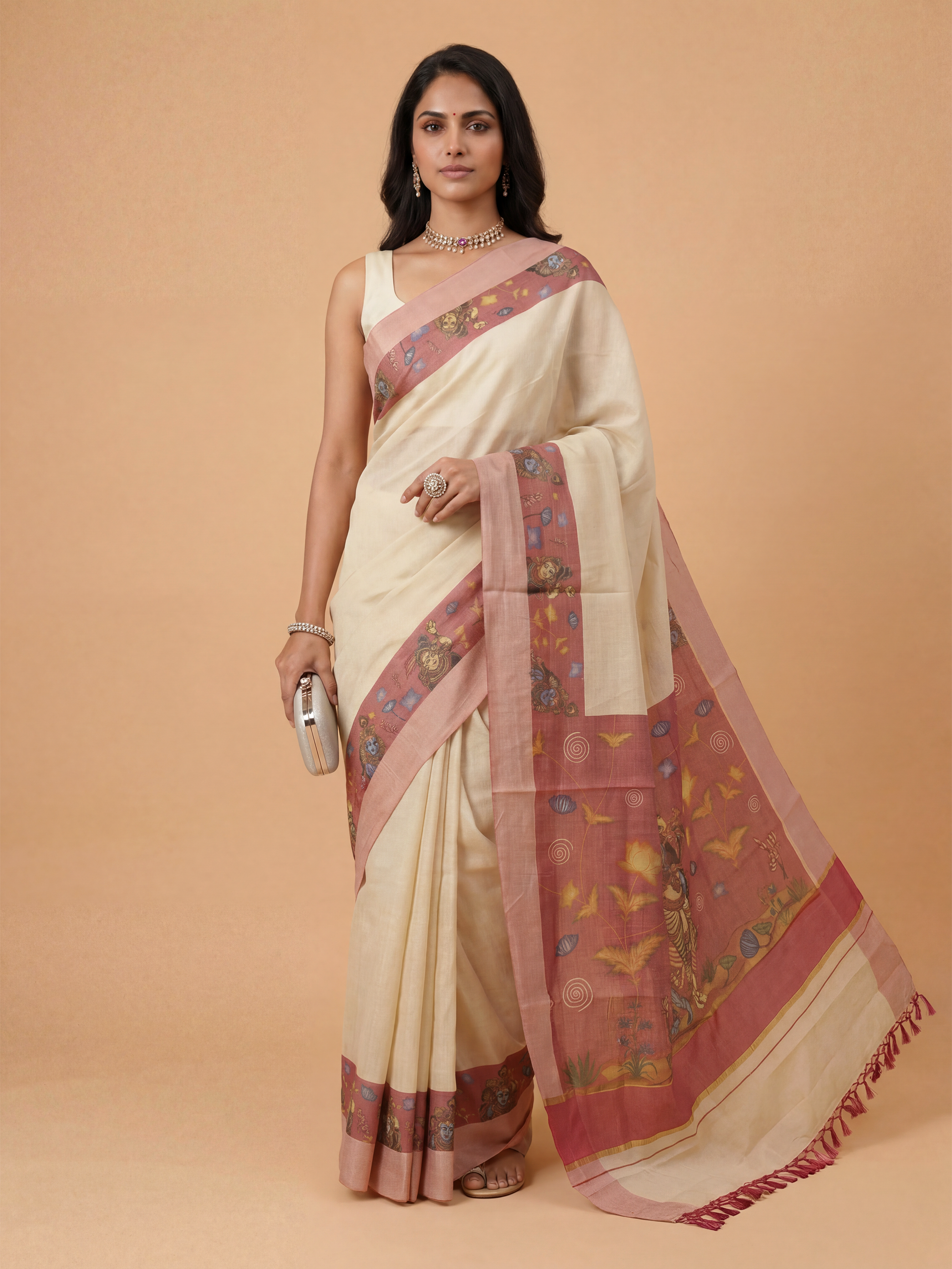 Women Tissue Pink Krishna Printed Kerala Saree KLS21