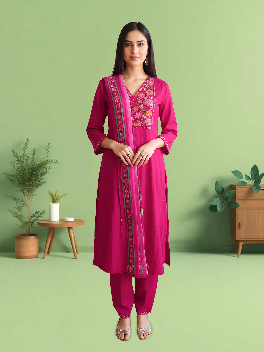 Women Silky Crush Embroidered Kurti Set Pink EKS85