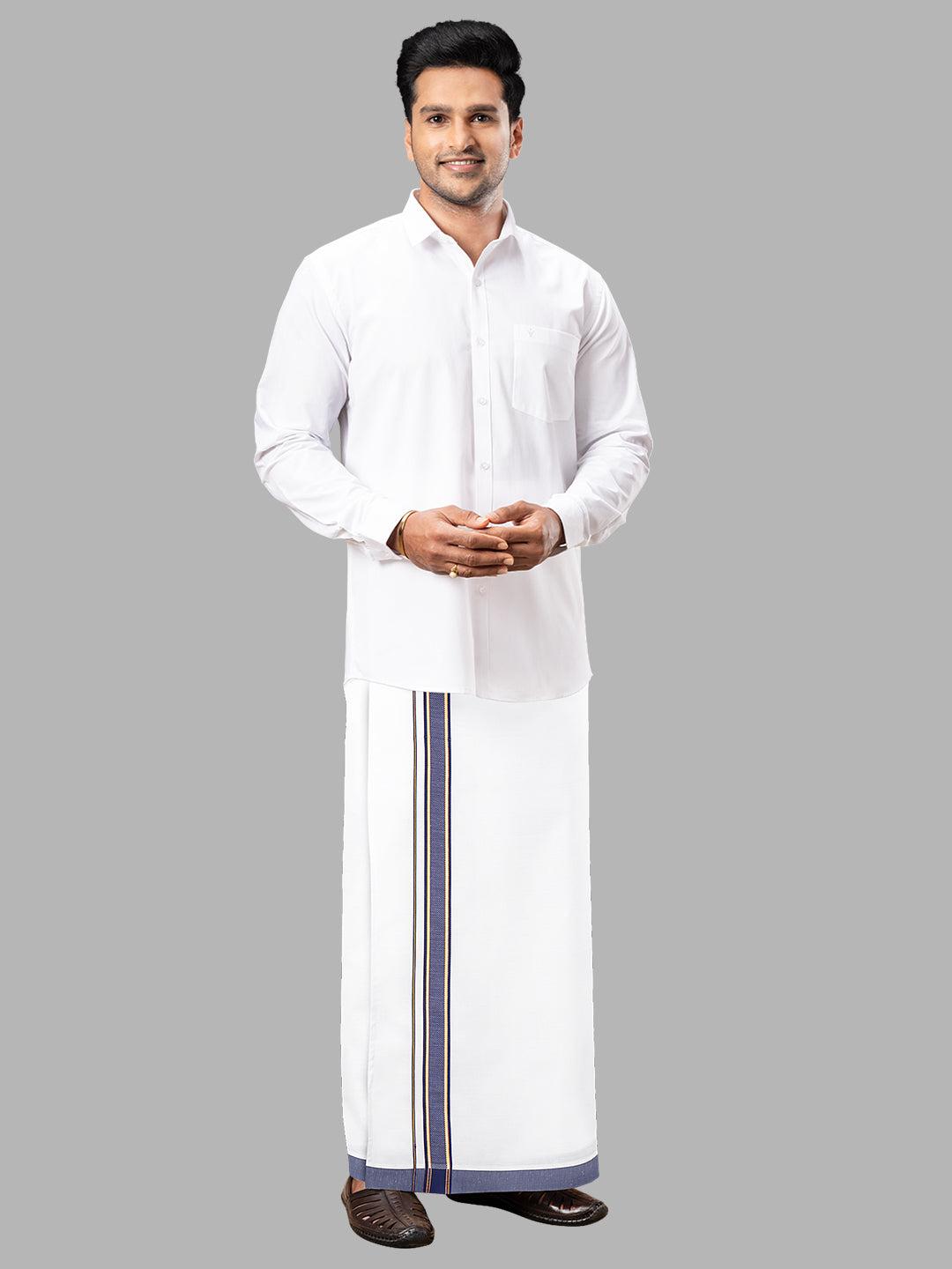 Men Blue Adjustable Pocket Dhoti with Fancy Border GACJ26