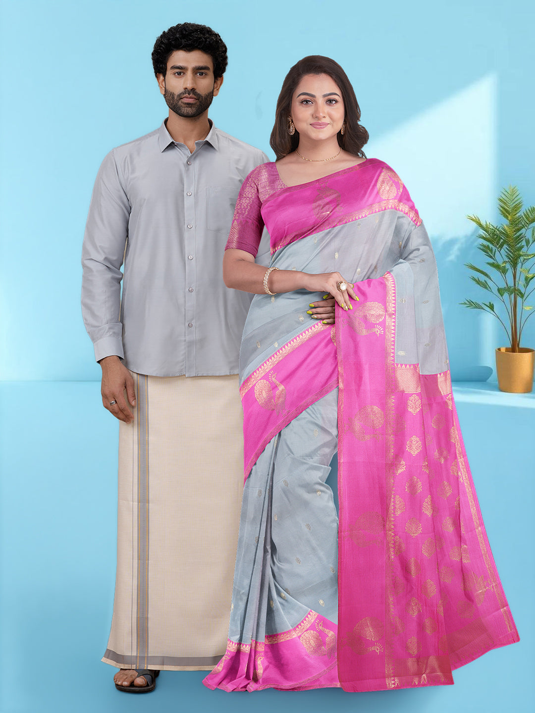 Couple Combo Shirt & Dhoti Set with Saree Silver Grey ASS95