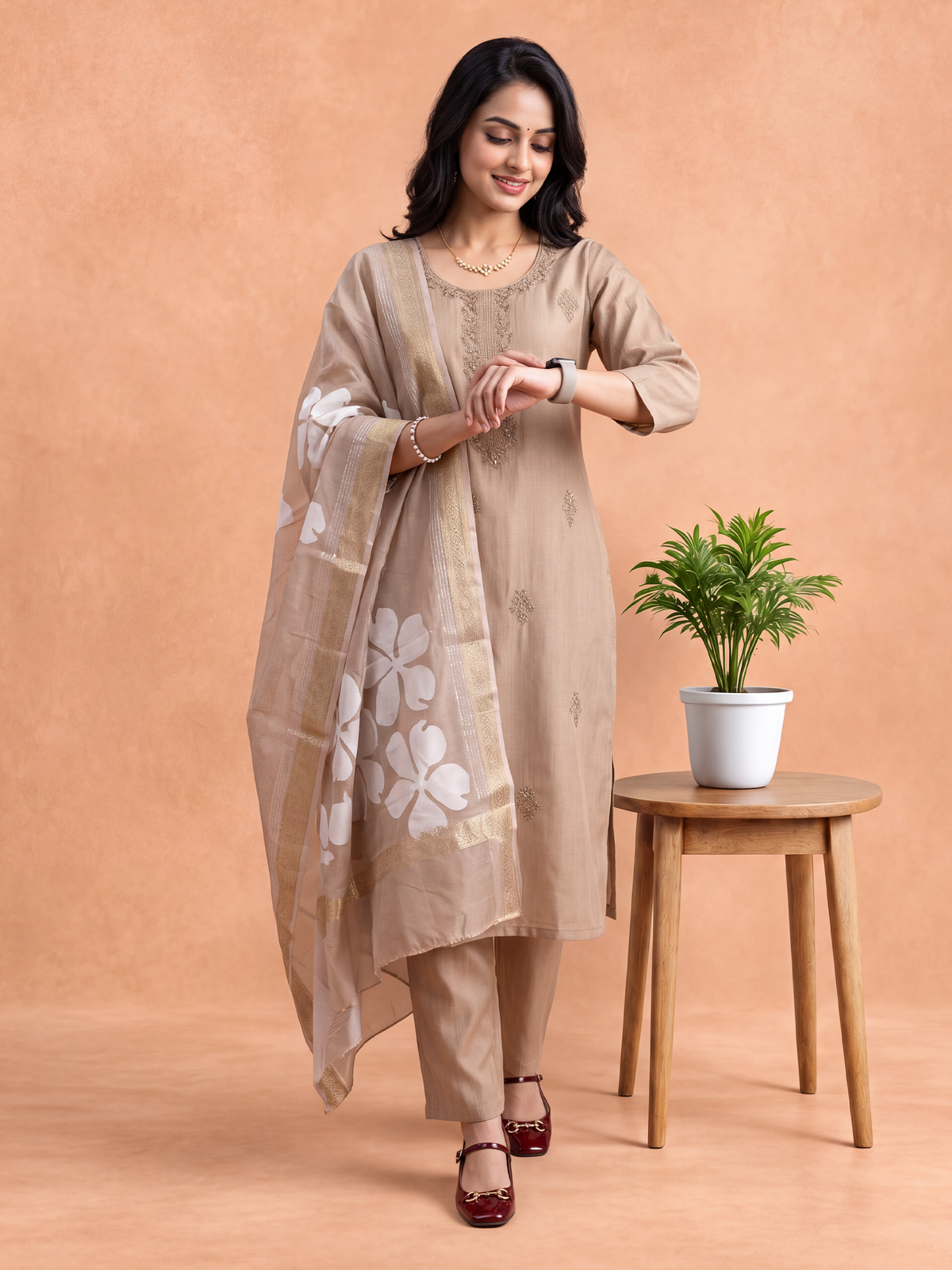 Women Embroidered Beige Kurti Set EKS158