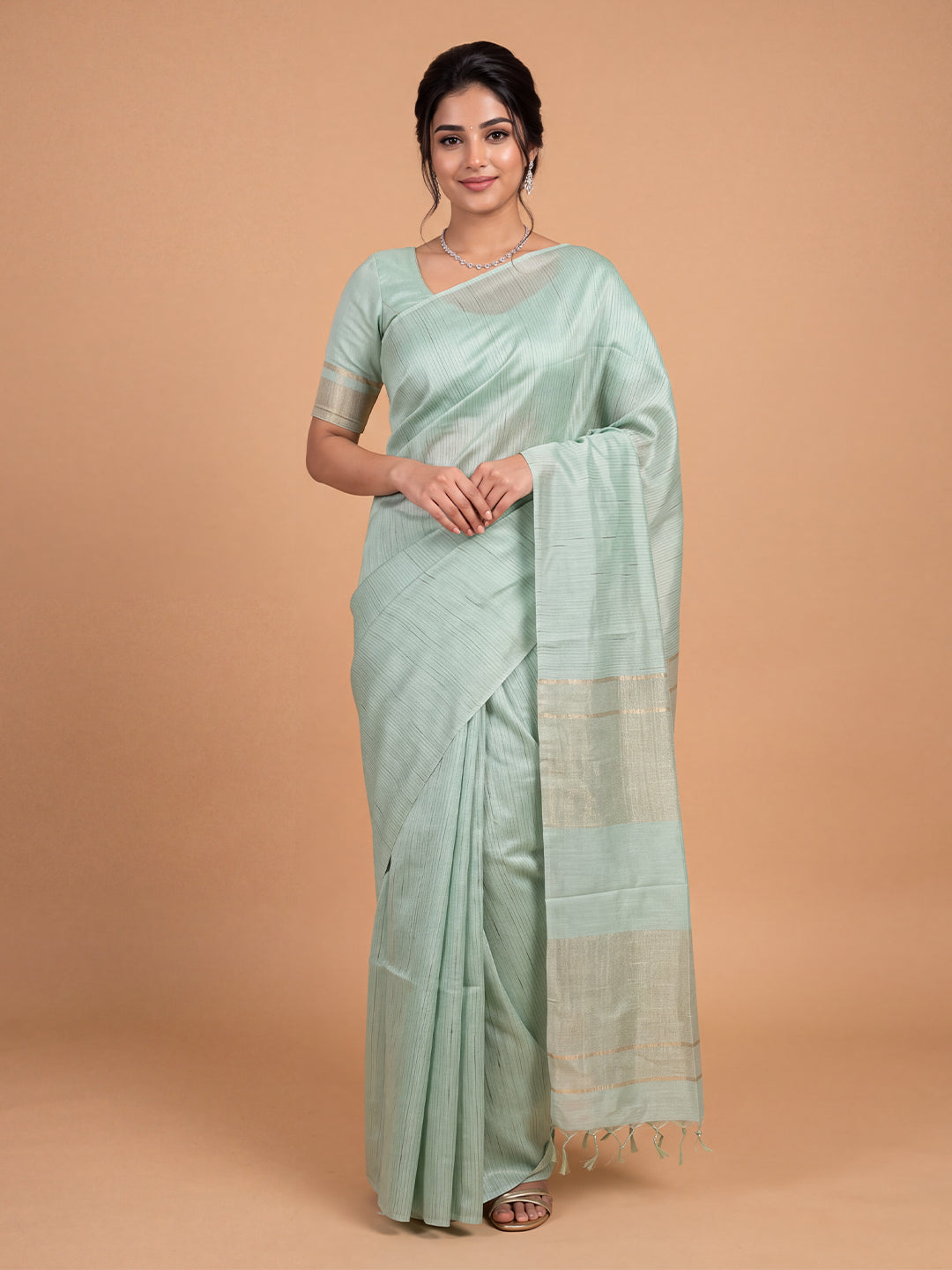 Women Semi Tussar Green Striped Saree ST364