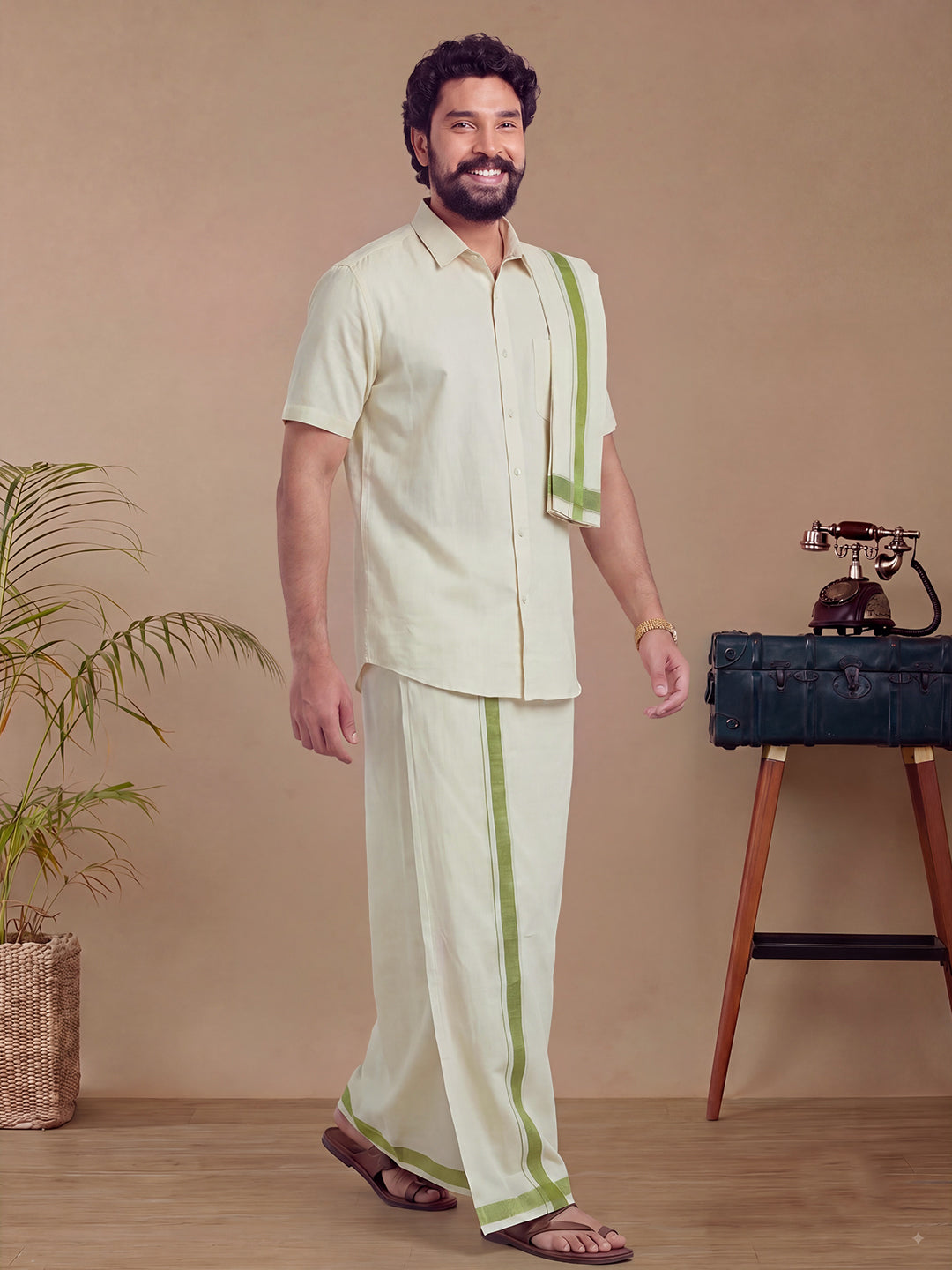 Tissue Moss Green Shirt Dhoti & Towel Set