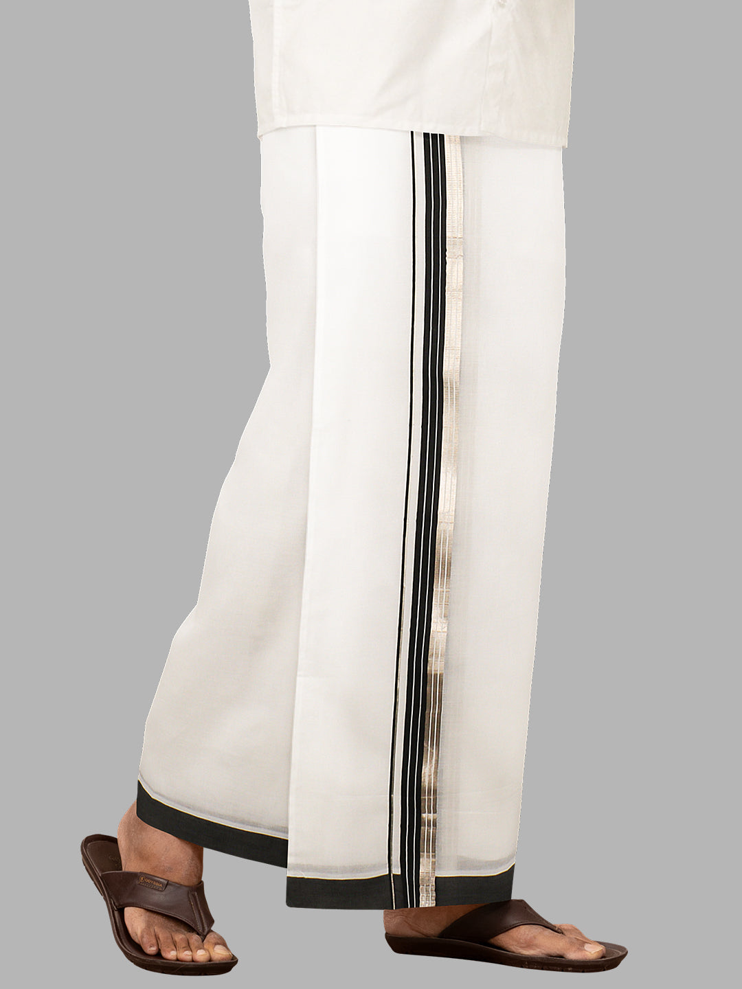 Men Silver Fancy Jari Border Double Layer White Dhoti RG02