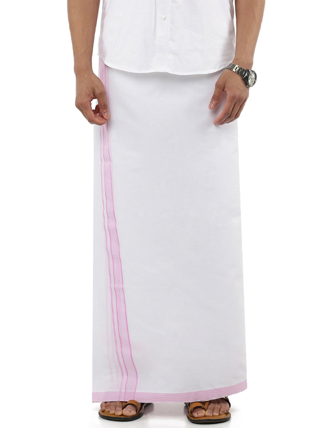 Men Light Pink Fancy Border Double Layer Dhoti White Prompt