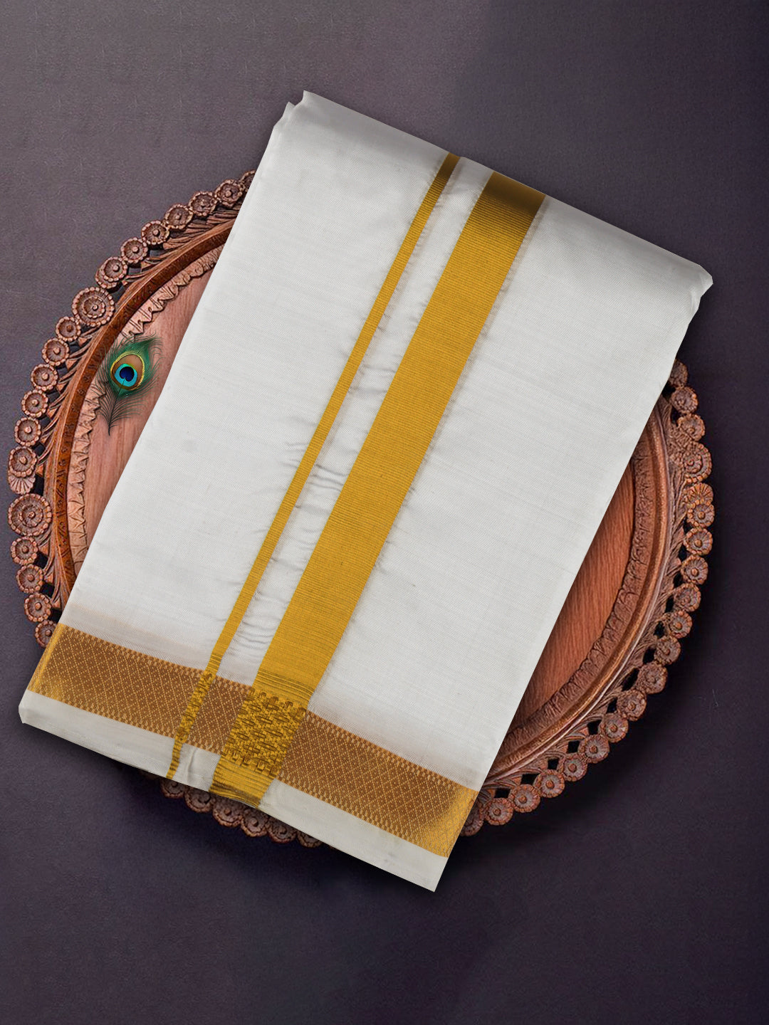 Men Pure Silk White with 1" inch Jari Border Double Layer Dhoti & Towel Set