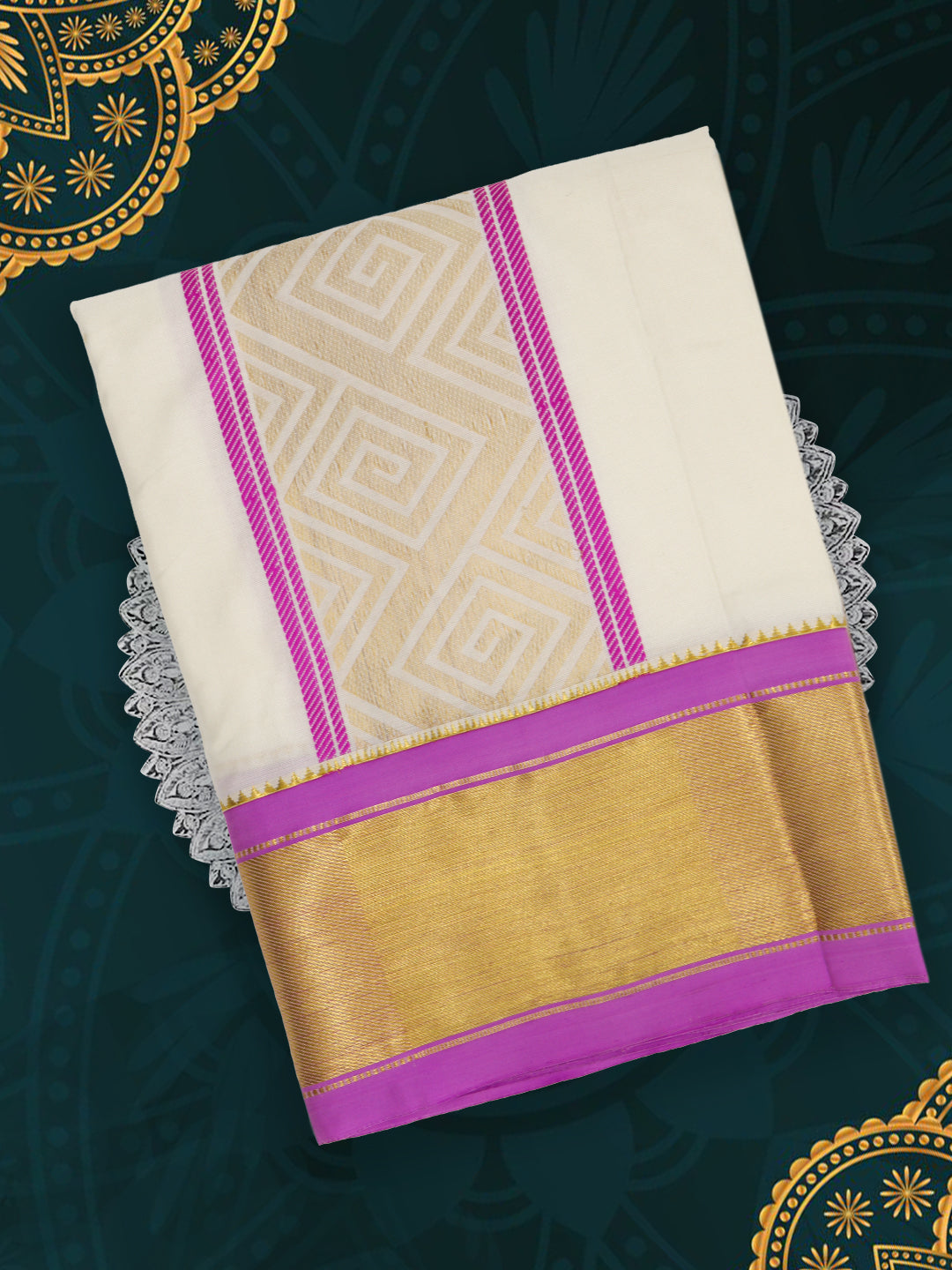 Men Pure Silk Cream Dhoti & Towel Set with 3" inch Fancy Jari Border TK24