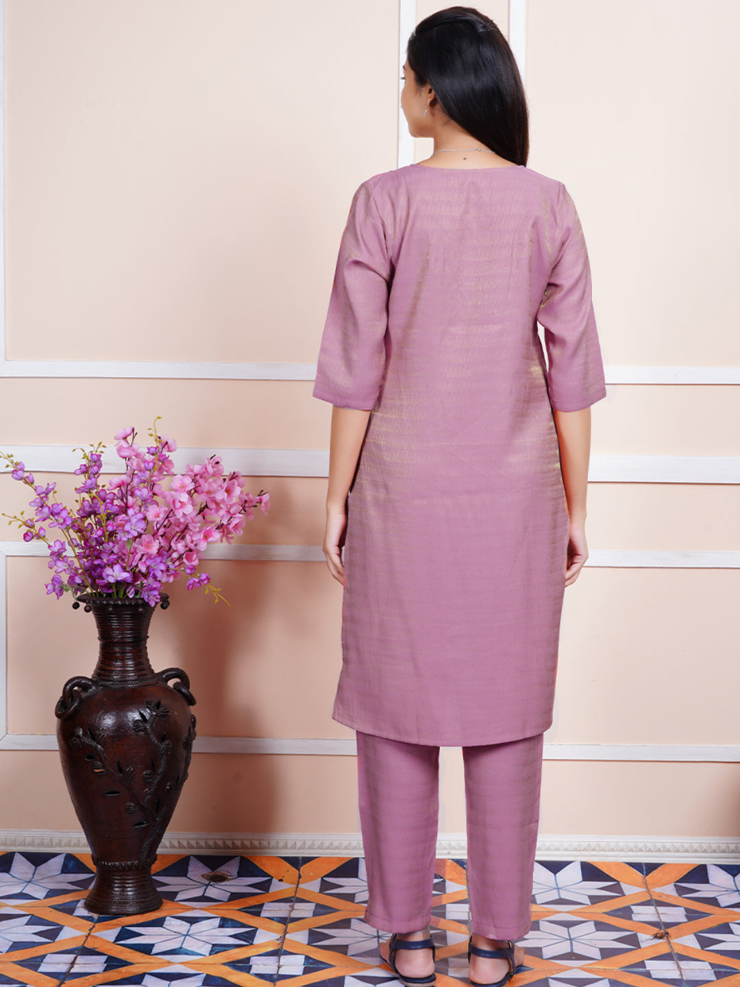 Women Cotton Embroidered Kurti Sets Purple EKS10