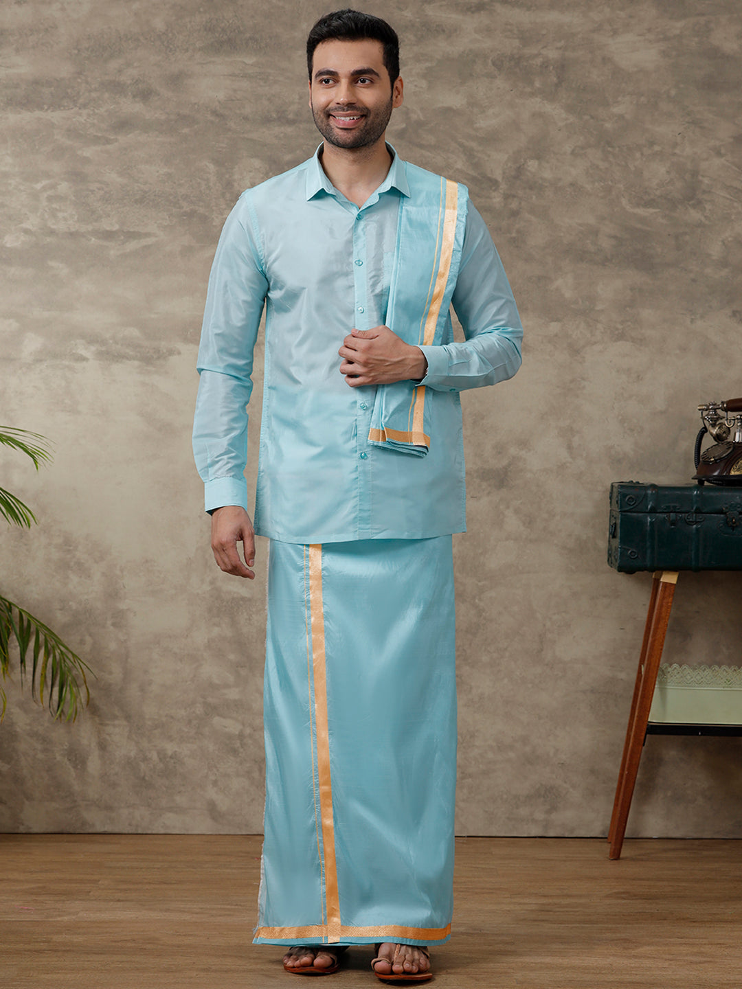 Mens Art Silk Blue Shirt & Dhoti Towel Set Swayamvara