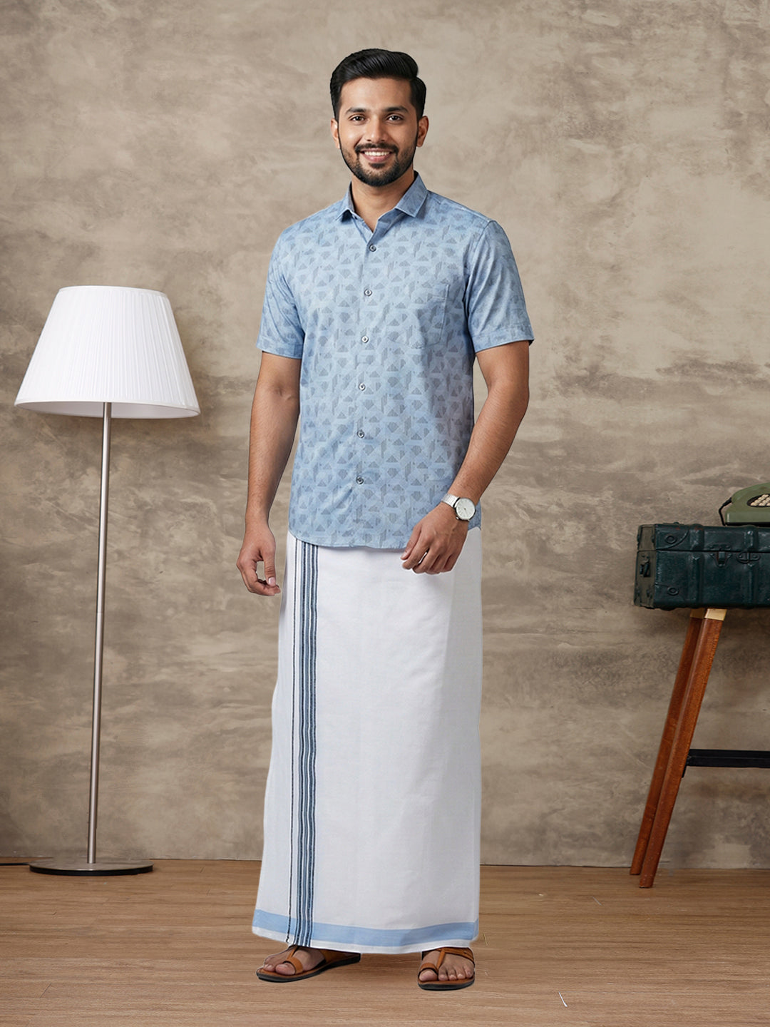 Like Father Like Son Matching Border Dhoti with Printed Shirt Combo Set Light Blue PS23