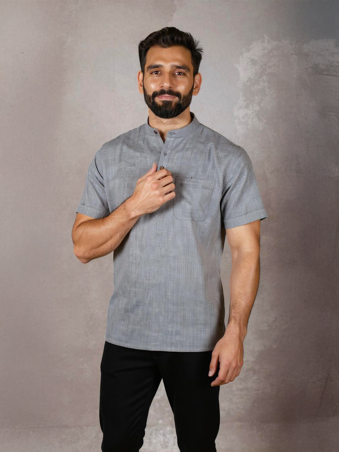 Men Cotton Short Length Plain Pocket Kurta Blue Grey PC23