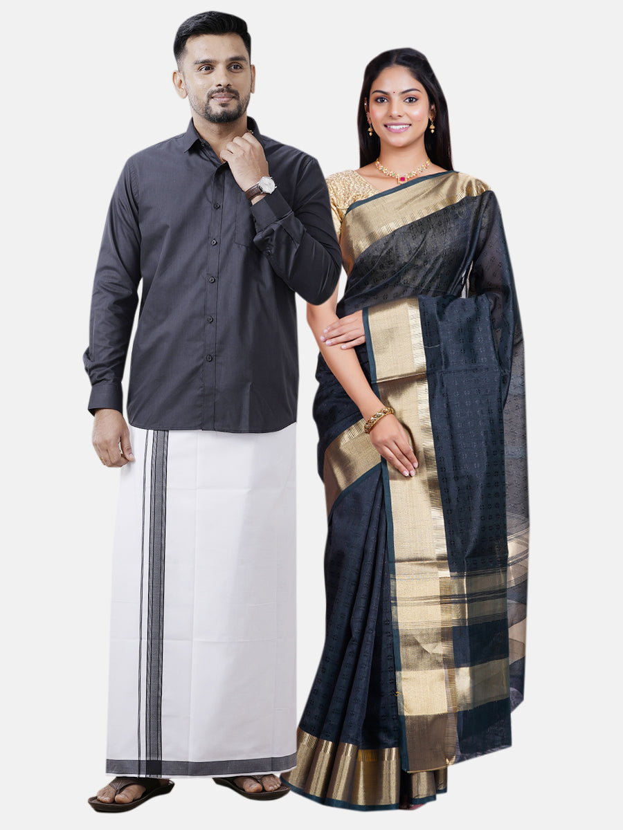 Couple Combo Black Shirt & Dhoti With Semi Raw Silk Saree SRS46