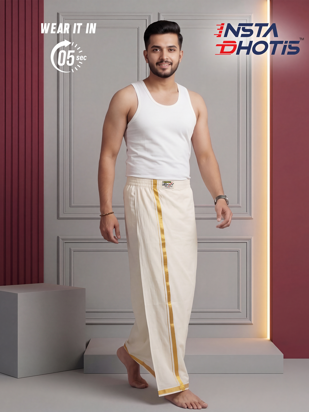 Ramraj Genxt Insta Dhoti for Men - Cream | Ready-to-Wear Dhoti in 5 Seconds