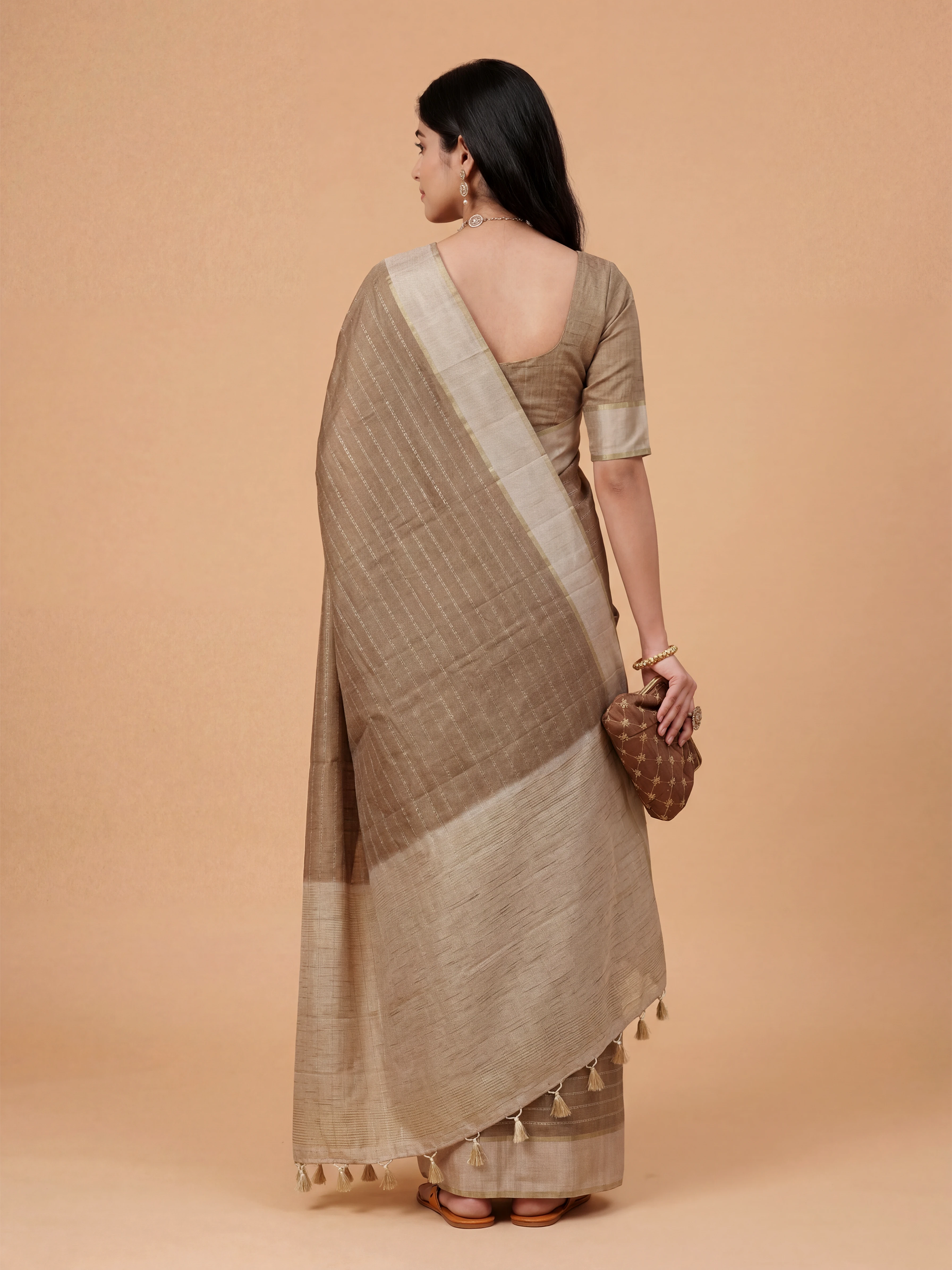 Women Semi Tussar Brown Saree ST329
