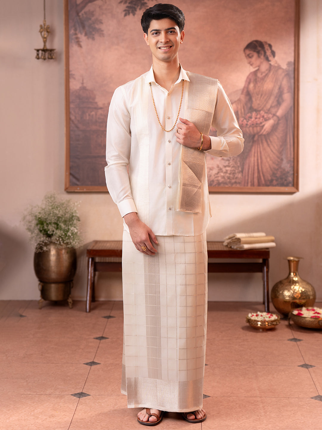 Premium Pure Silk 5" Cream Muthu Checked Design Wedding Dhoti & Towel Set – Virutcham