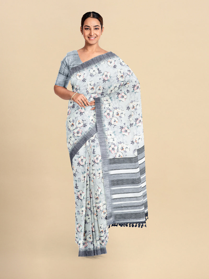 Womens Semi Cotton White & Grey Colour Flower Printed Saree CPS32