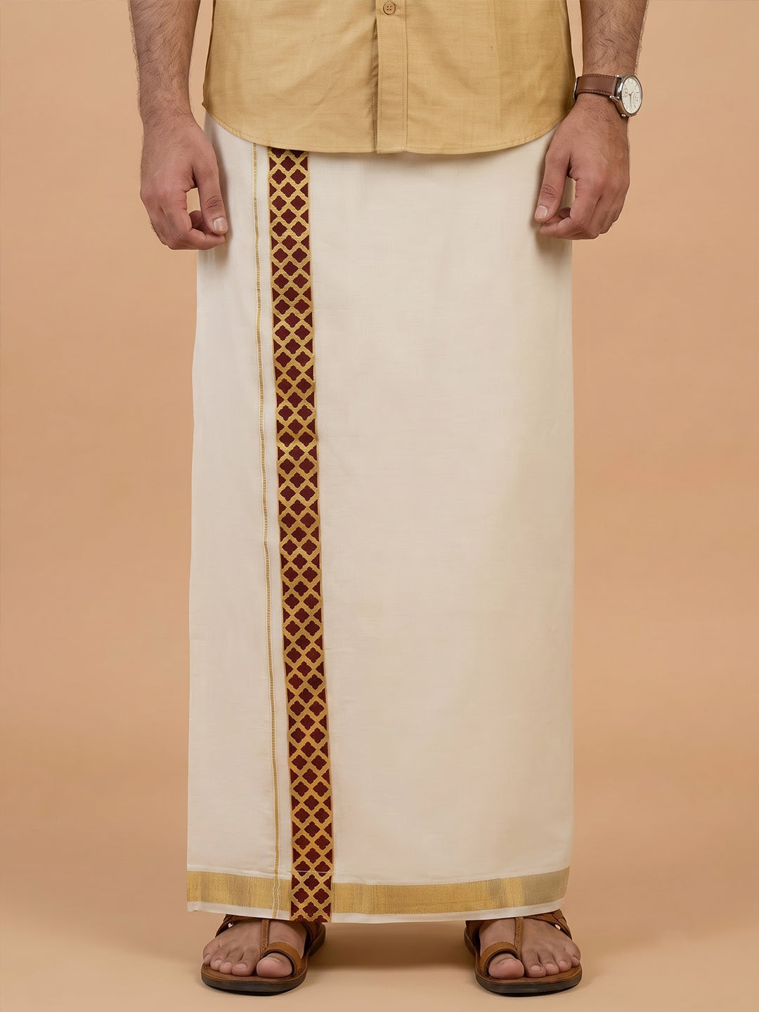 Men Kora Cotton Double Layer Dhoti with Fancy Jari Border Pazhassi Royal Red