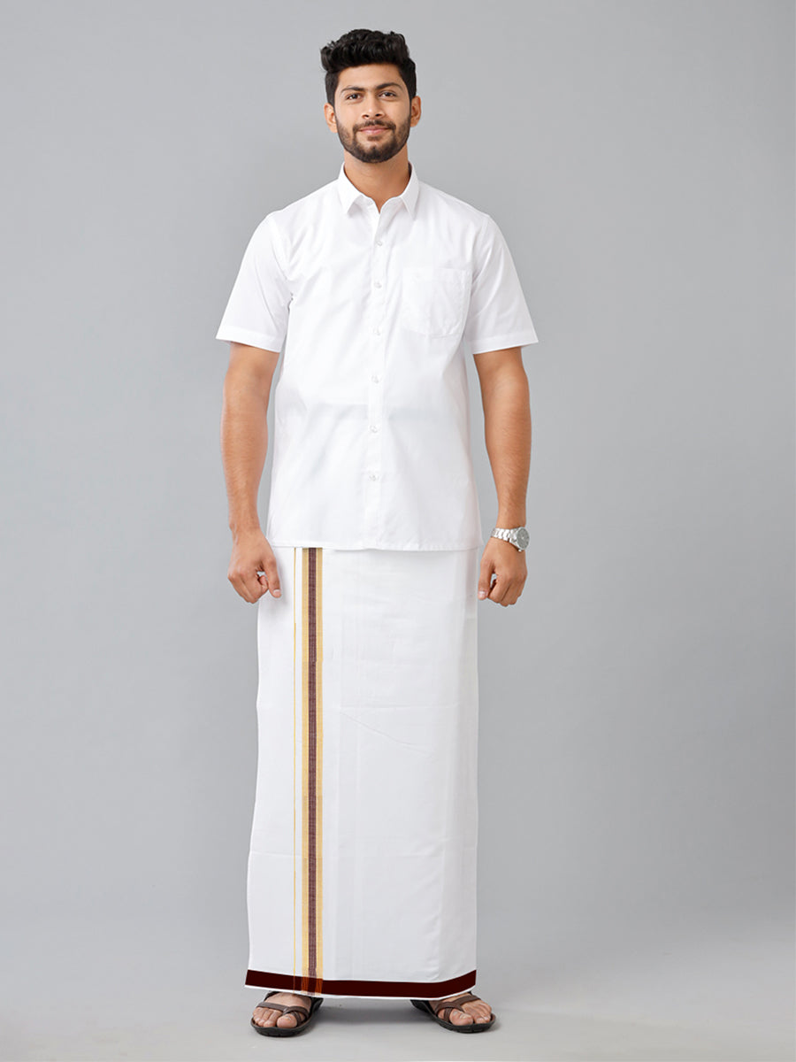 Mens Smart Look White Adjustable Pocket Dhoti with Brown fancy Border