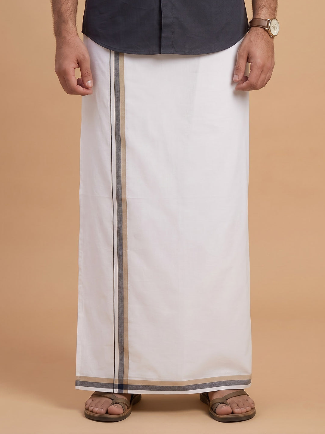 Double Layer 100% Cotton White Dhoti with Fancy Border - UF01