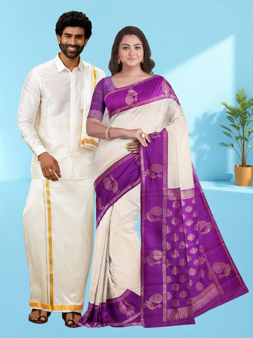 Couple Combo Shirt & Dhoti Set with Saree Cream ASS99