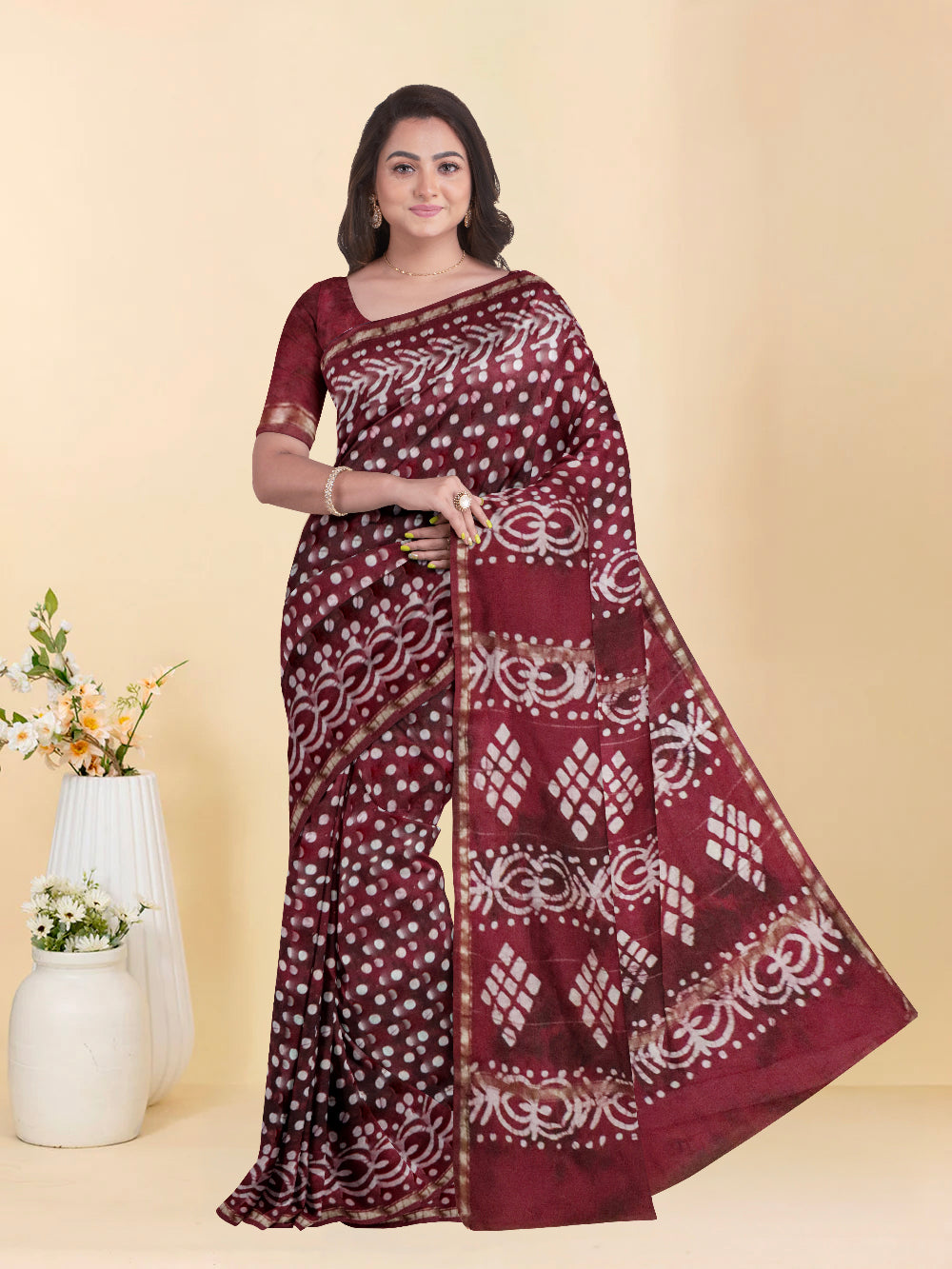 Women Maroon Semi Chanderi Cotton Printed Saree SC69
