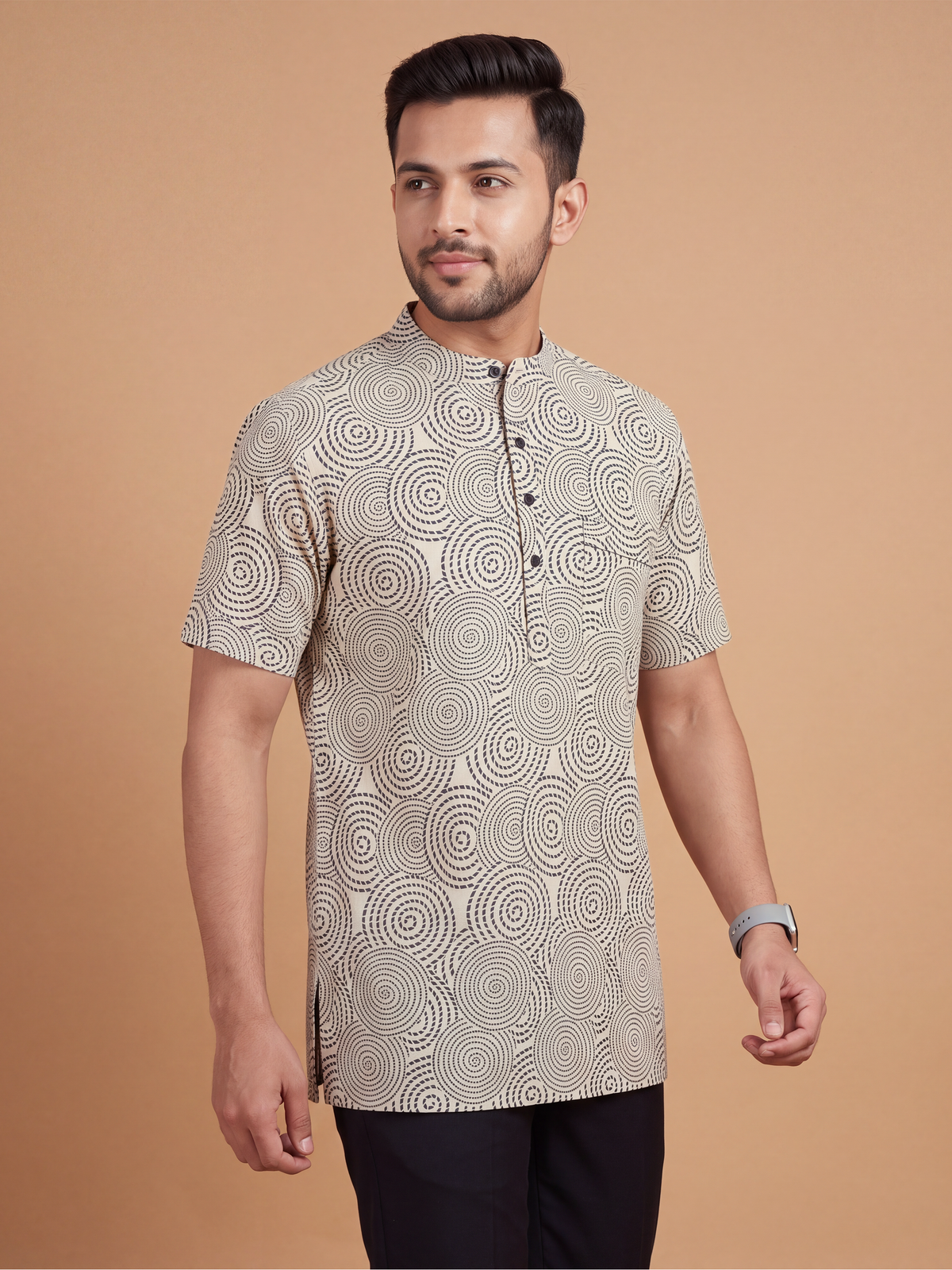 Cotton Short Length Beige Spiral Printed Pocket Kurta RN9