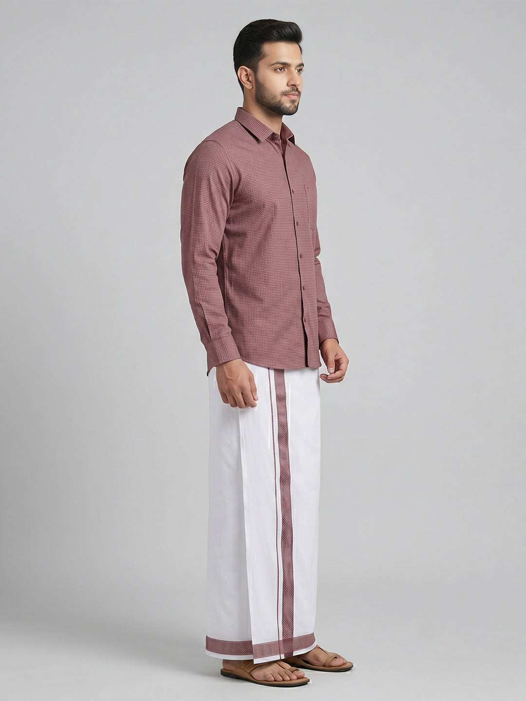 Men Purple Matching Border Dhoti With Printed Shirt Set Windsor HNJ4