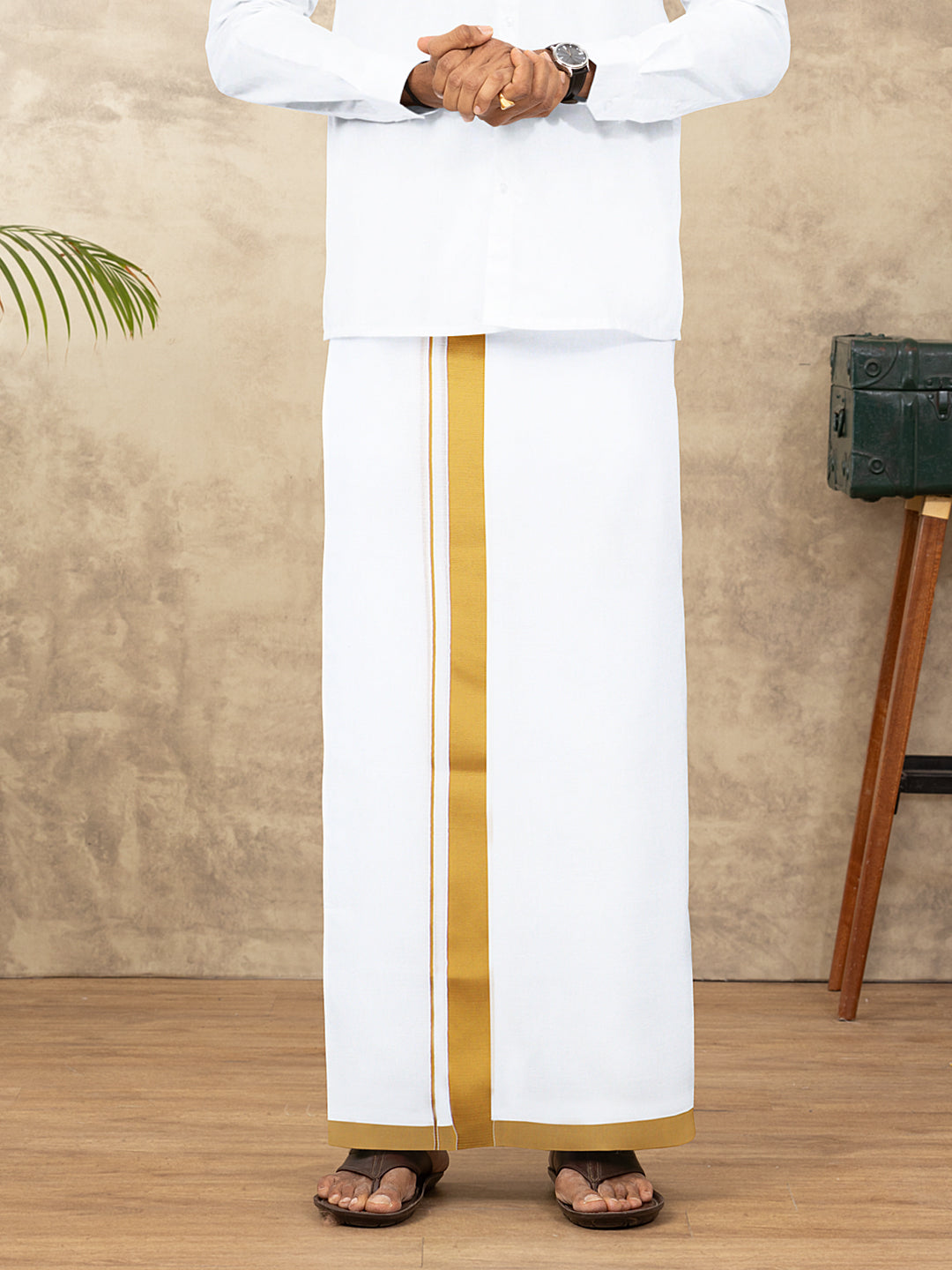 Men Cotton Blend Double Layer White Dhoti with Fancy Border TS03