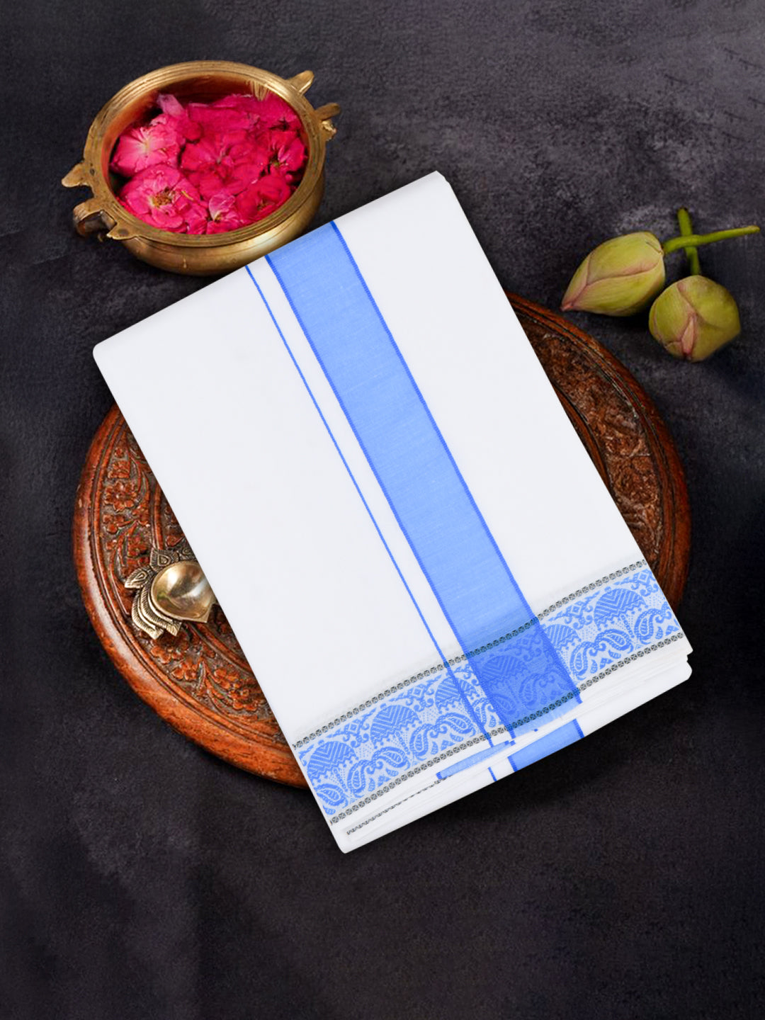 Men Cotton Blue Fancy Border Panchakacham with Angavasthram Srirasthu(9+5) SR47