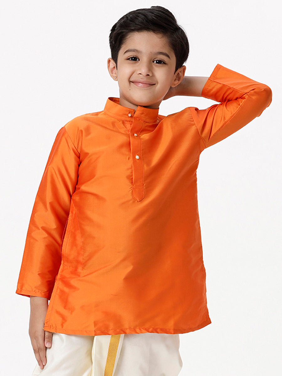 Boys Silk Cotton Full Sleeves Orange Kurta-Front view