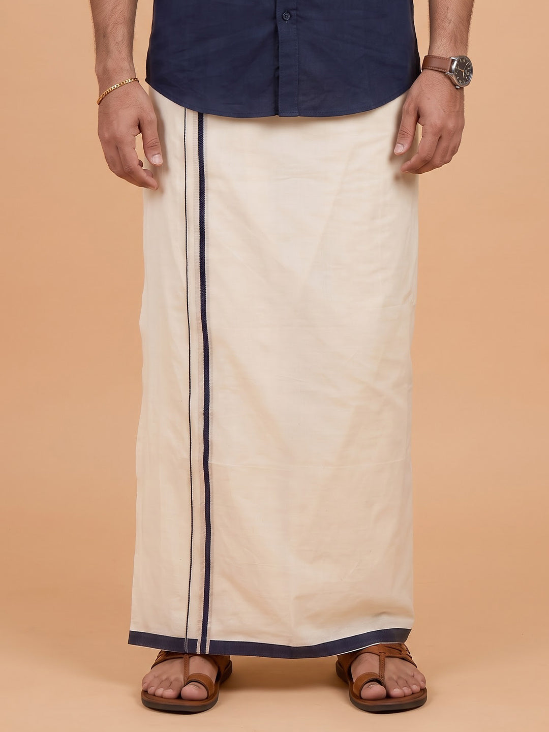 Double Layer 100% Cotton Cream Kora Dhoti with Colour Border - BJK01