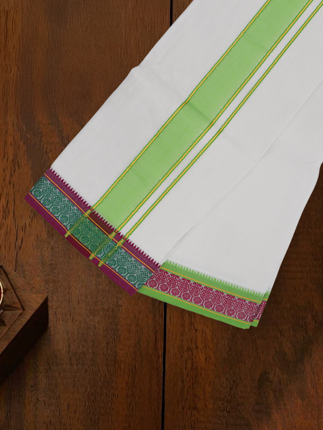 Men Cotton Light Green Fancy Border Panchakacham with Angavasthram Keerthisena (9+5) KS08