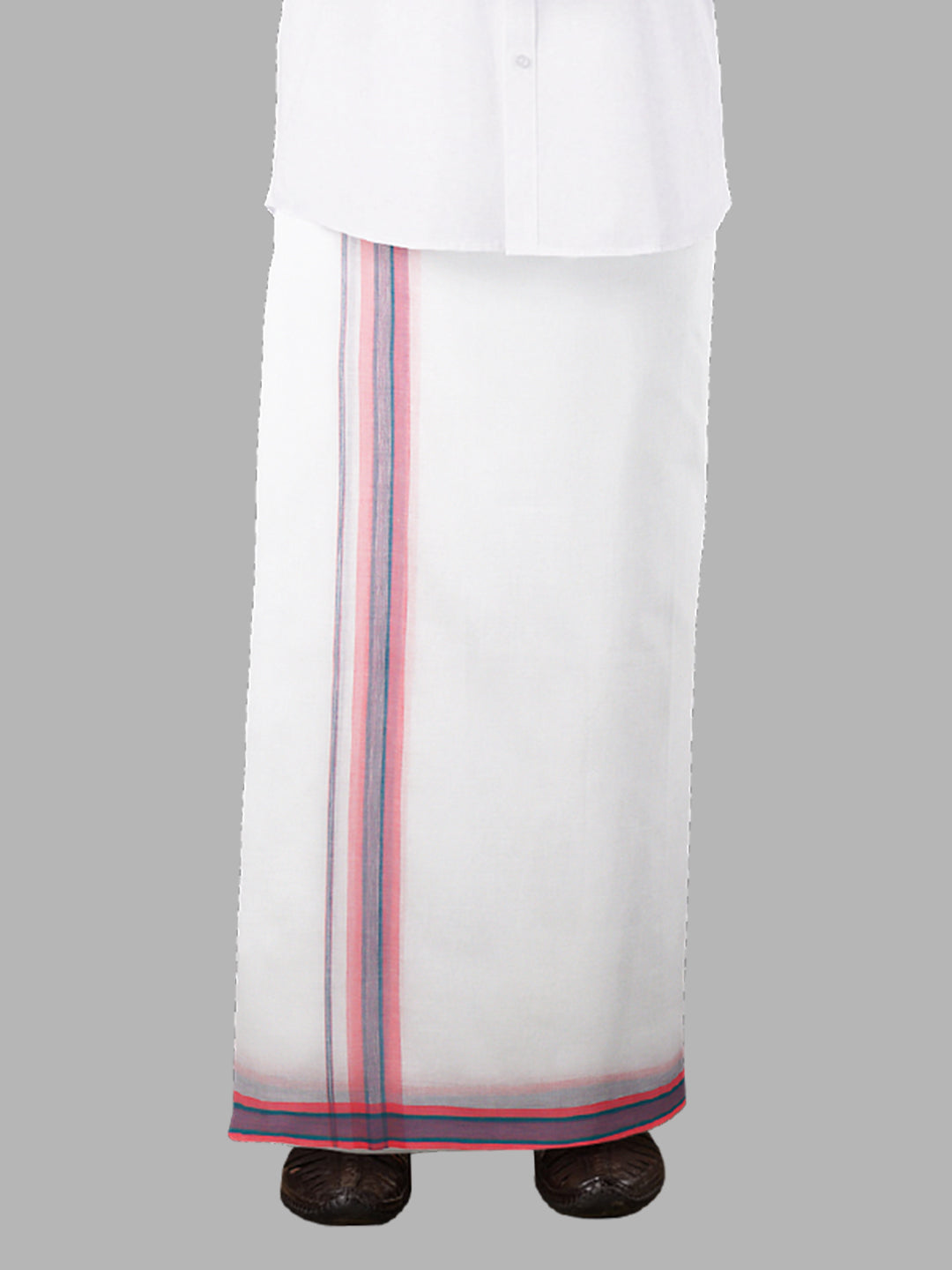 Men Pink Fancy Border Double Layer White Dhoti RVS05