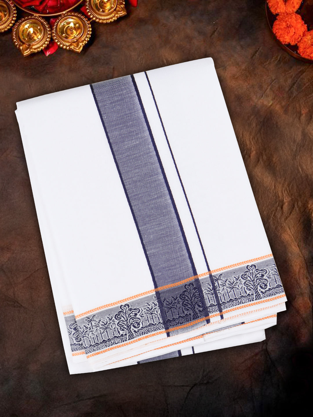 Men Cotton Navy Fancy Border Panchakacham with Angavasthram Srirasthu(9+5) SR57