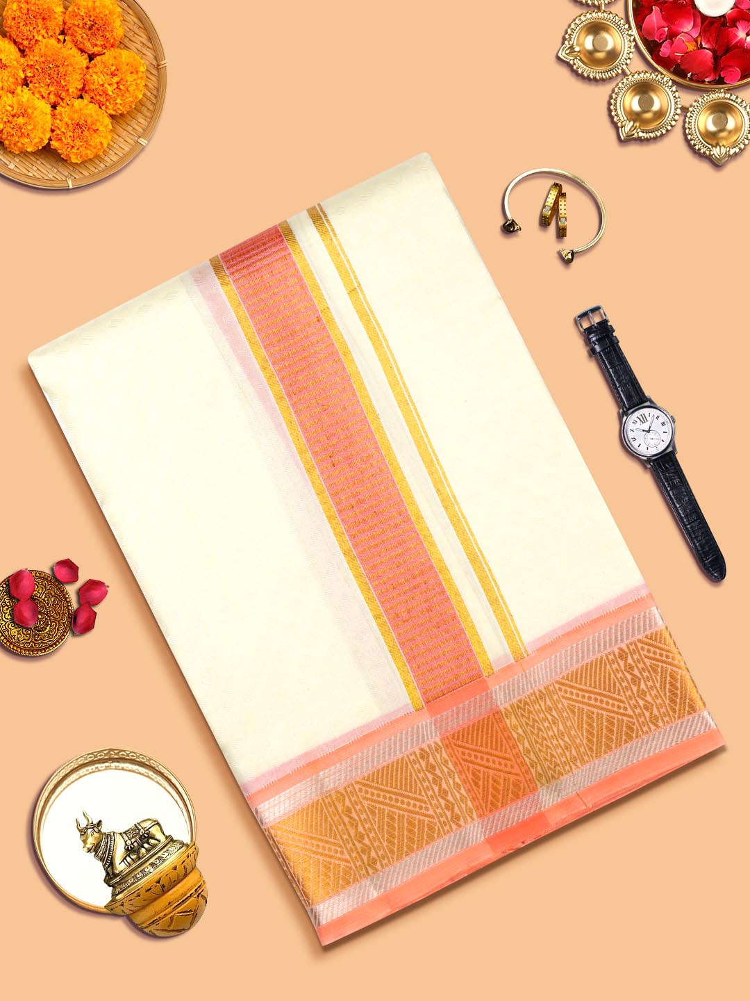Mens Pure Silk Cream Embossed Design 2" Orange Jari Border With Towel Thirukalyan