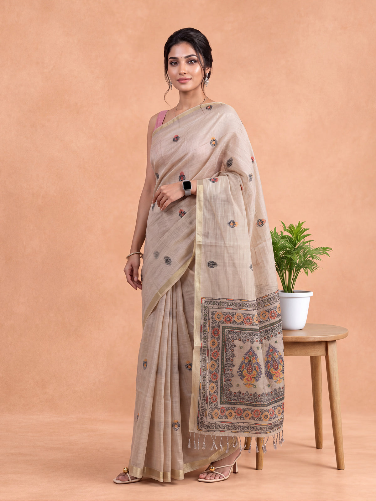Women Spun Poly Light Brown Floral Printed Saree SP28