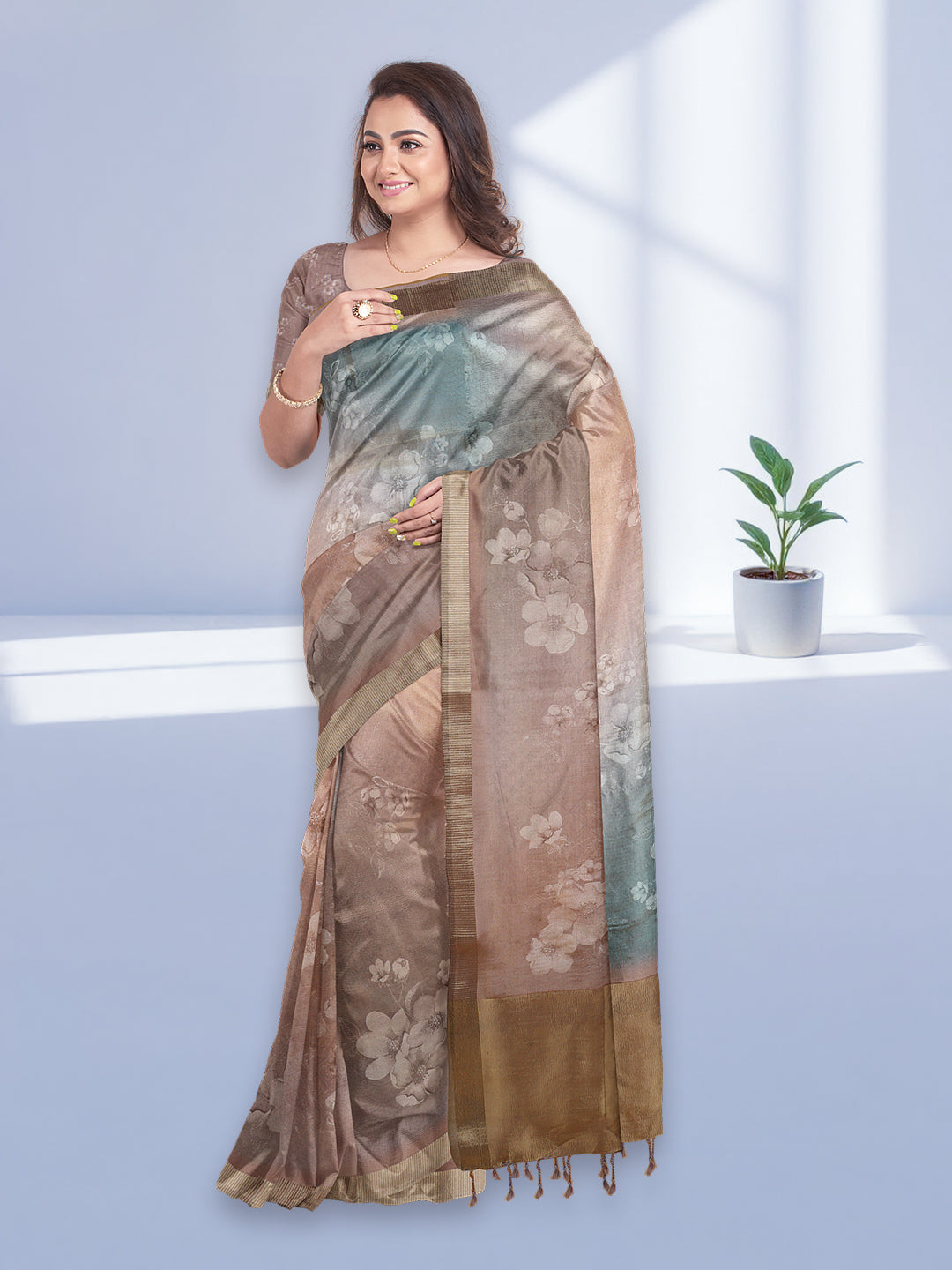 Women Pink with Blue Tissue Saree TS52