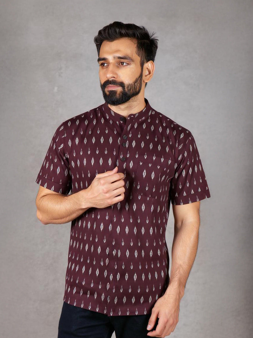 Men Cotton Short Length Printed Pocket Kurta Dark Purple RJ06