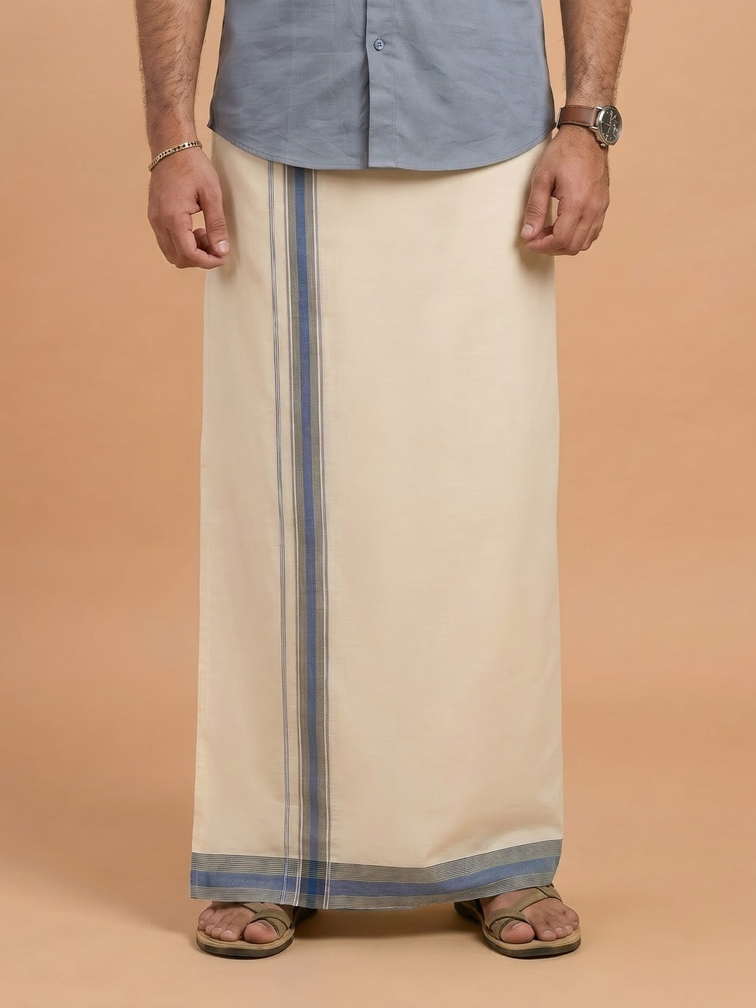 Double Layer Supima Cotton Cream Kora Dhoti with Colour Jari Border - LC42