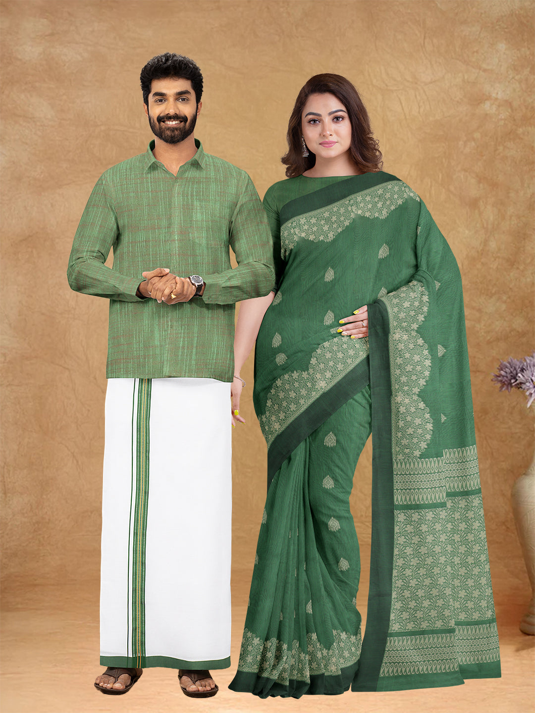 Couple Combo Shirt & Dhoti Set with Saree Green PCS168