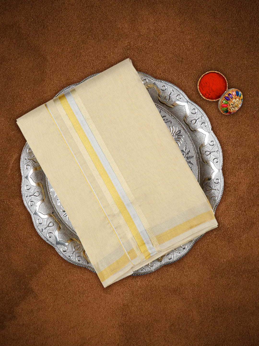 Mens Premium Handloom Tissue Double Dhoti with Gold & Silver Jari Border 110573